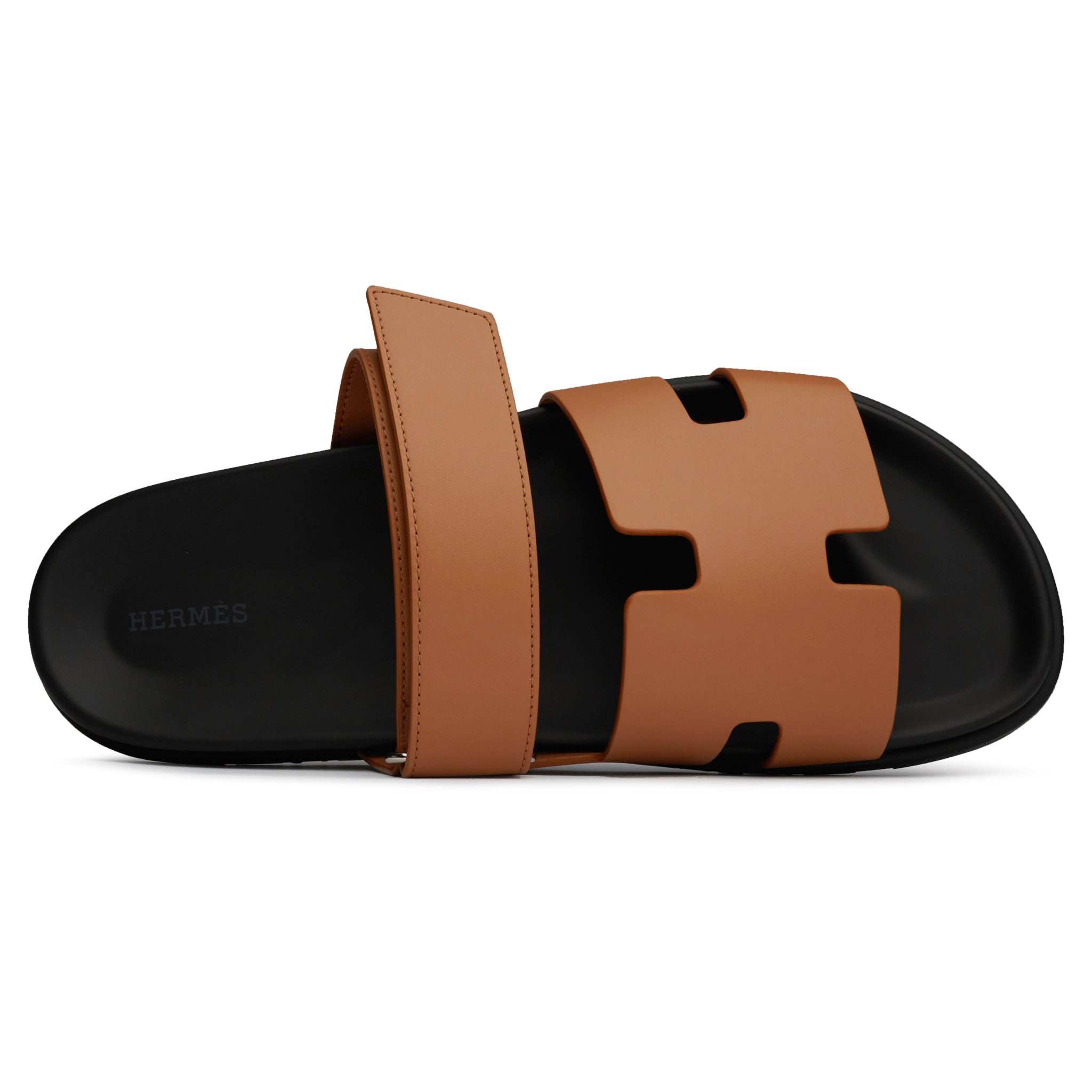 Inside view of Hermes Paris Chypre Leather Brown Sandal