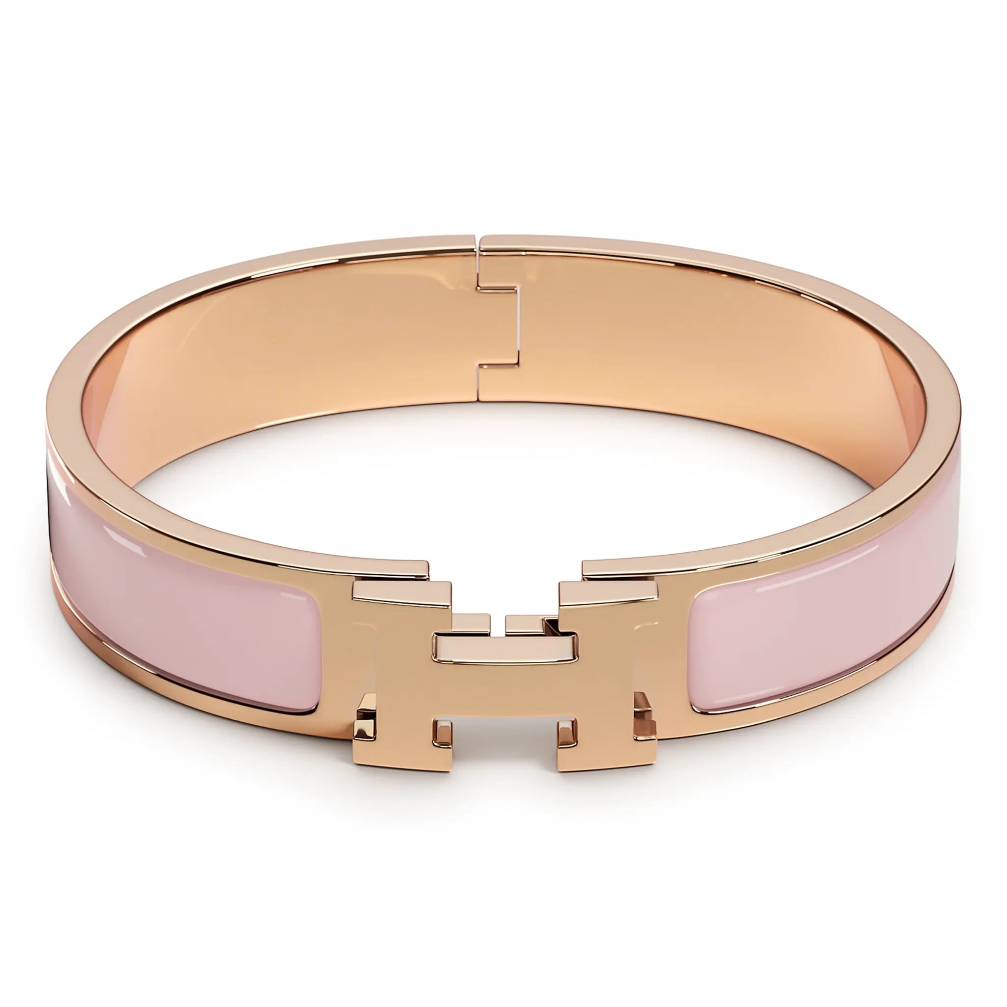 Front View of Hermès Paris Clic H Rose Candeur Gold Bracelet
