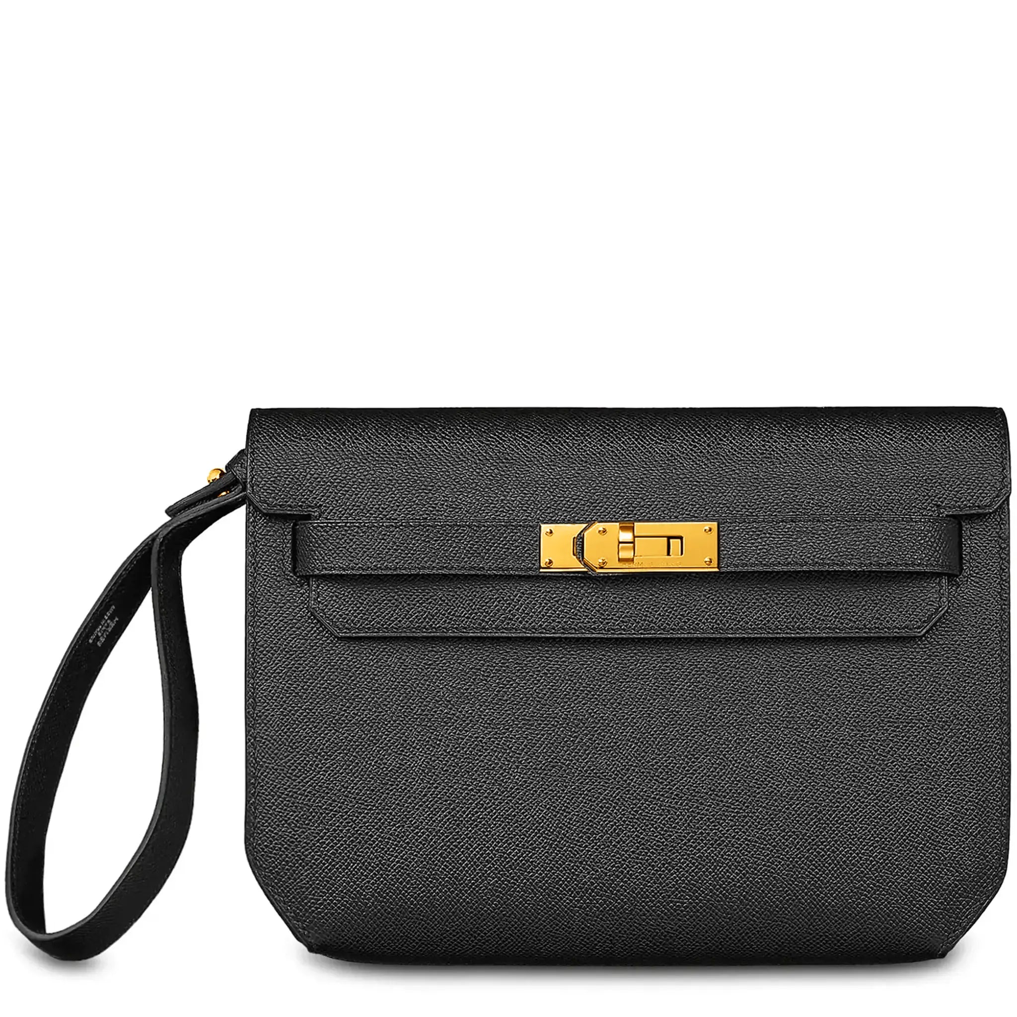Front View of Hermes Paris Kelly Depeches 25 Epsom Black Gold Hardware