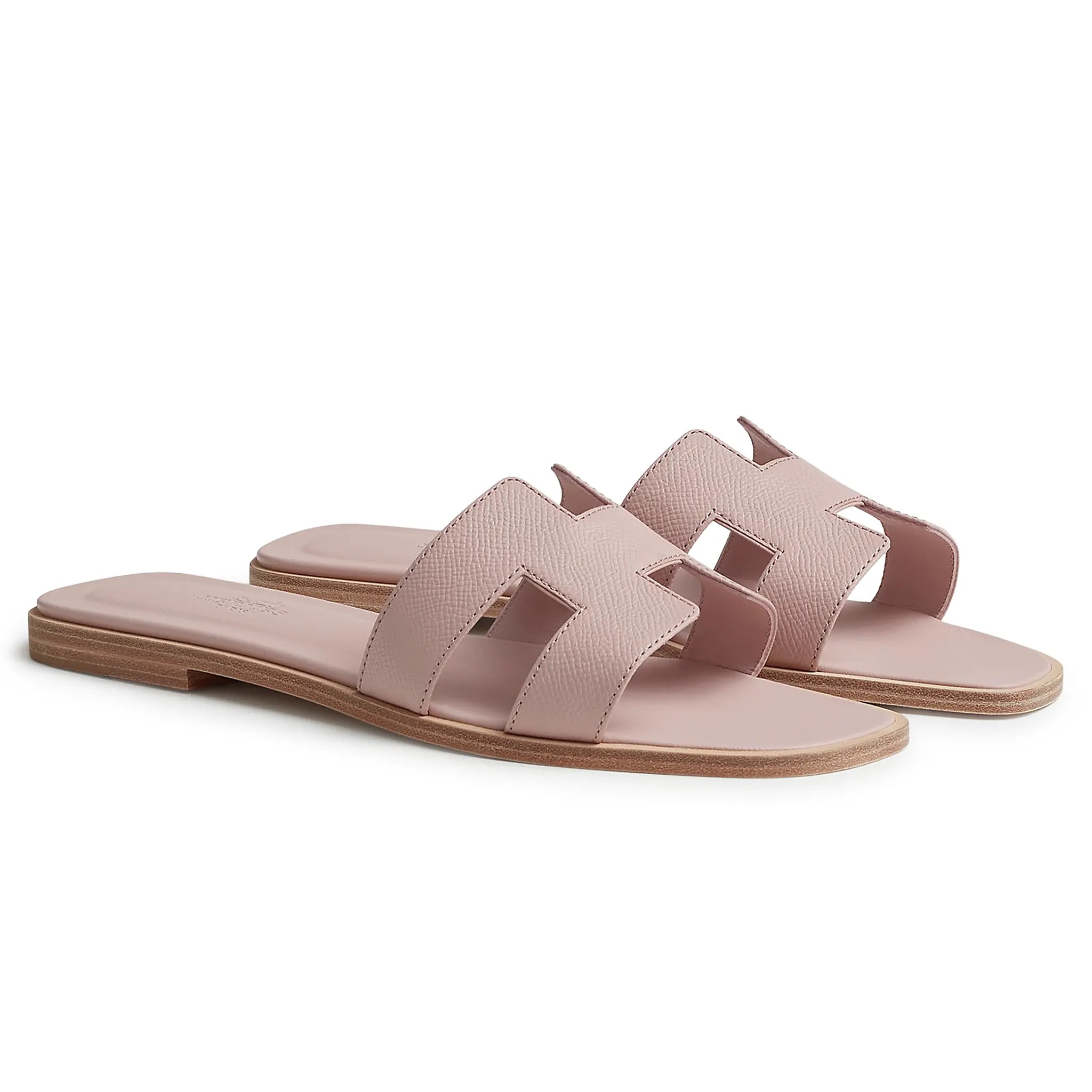 Front Side View of Hermes Paris Oran Rose Porcelaine Sandal H202272ZV27360