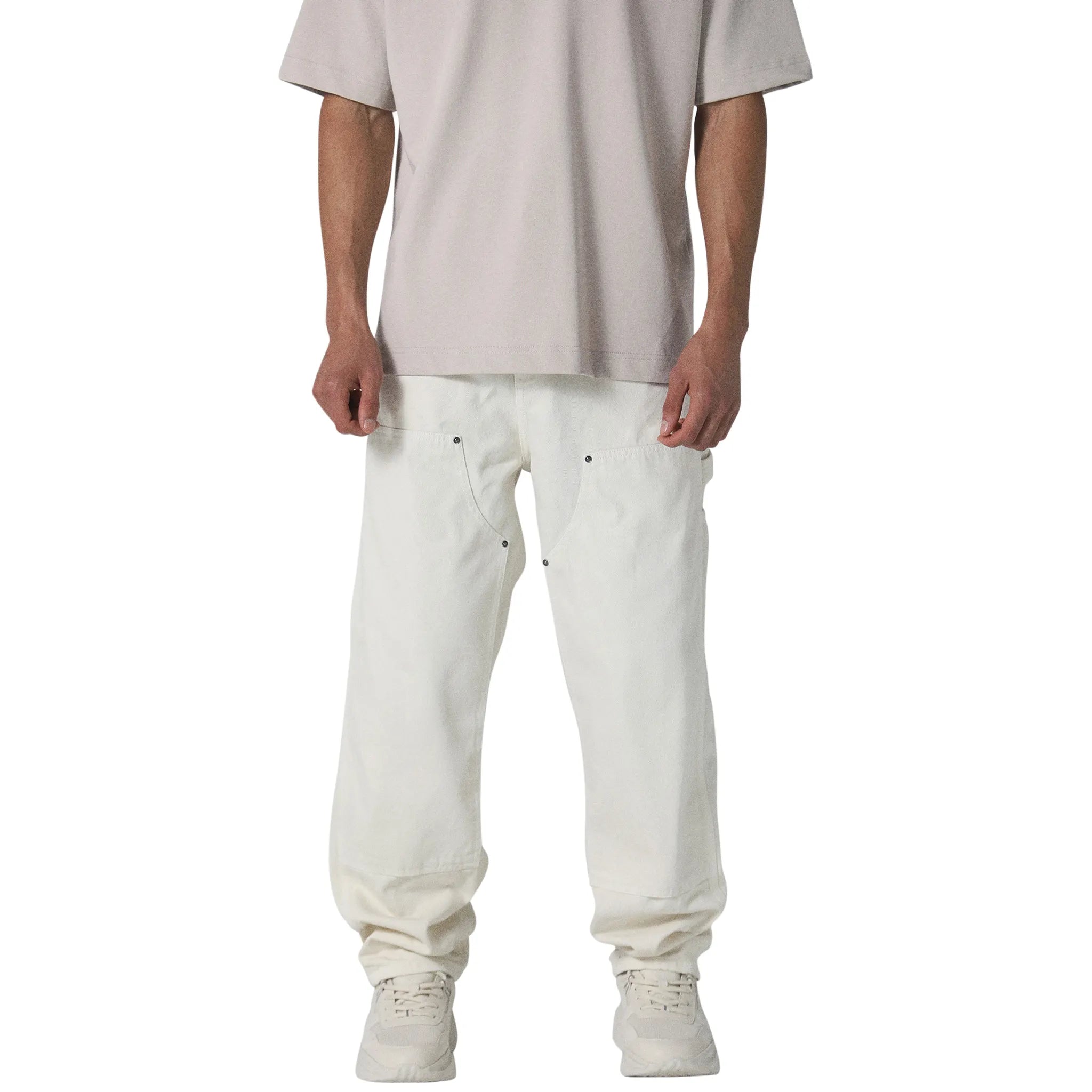 Model front view of Human Race Genetics Ecru Carpenter Jeans