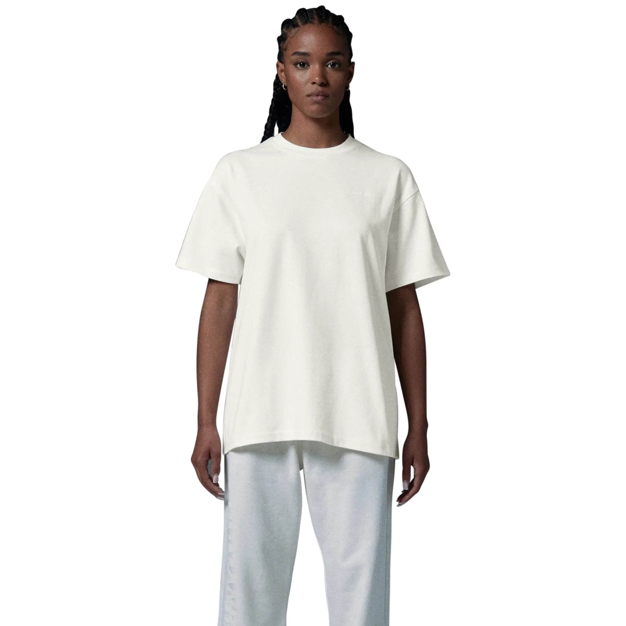 Female front view of Human Race Made Bone White T Shirt