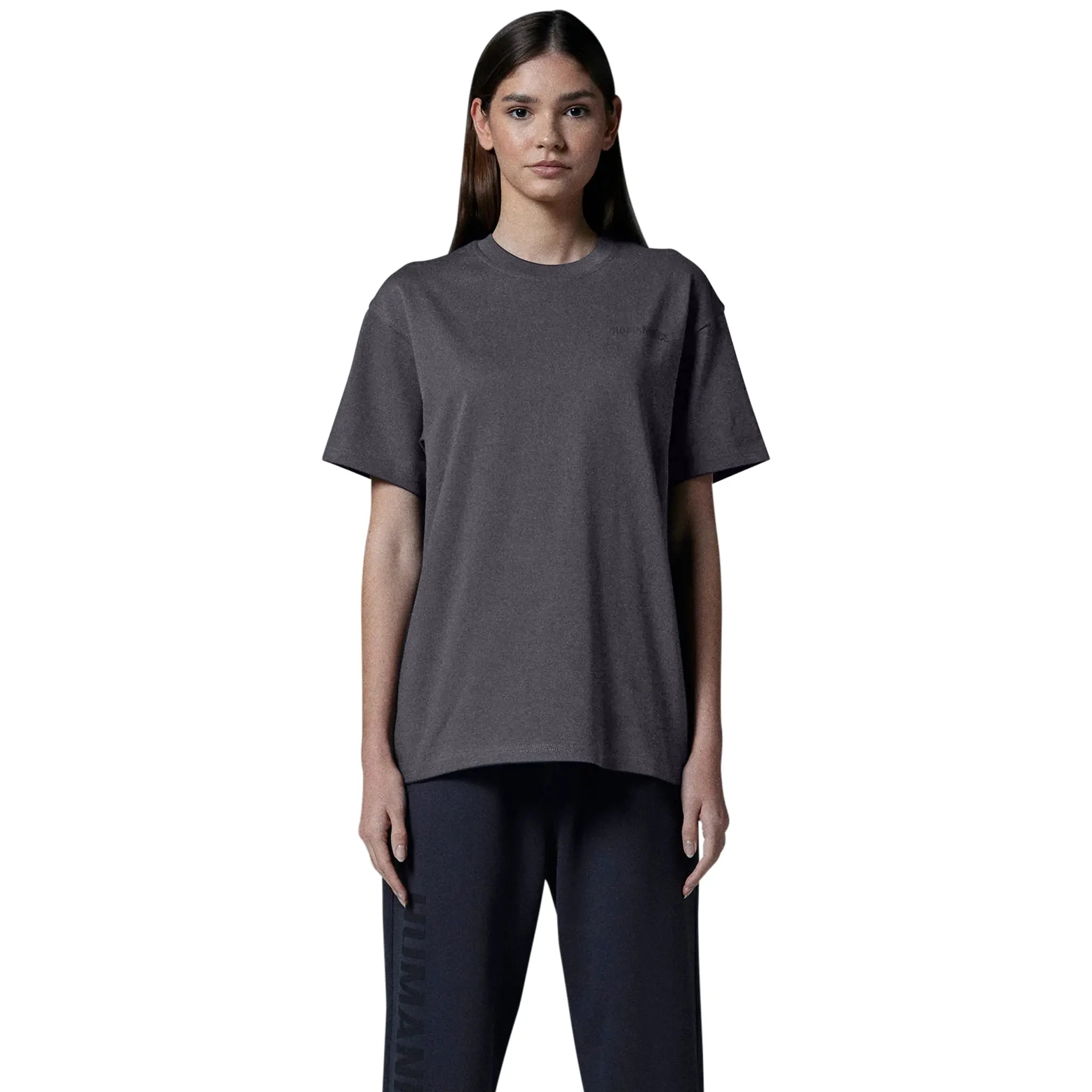 Model female front view of Human Race Made Dusty Grey T Shirt