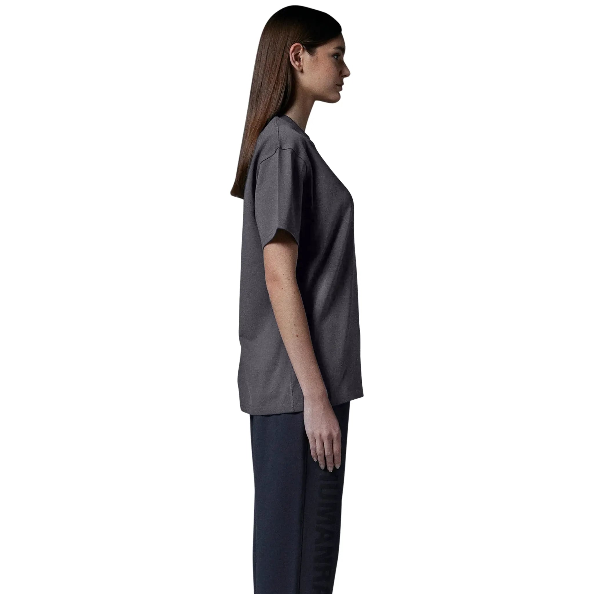 Model female side view of Human Race Made Dusty Grey T Shirt
