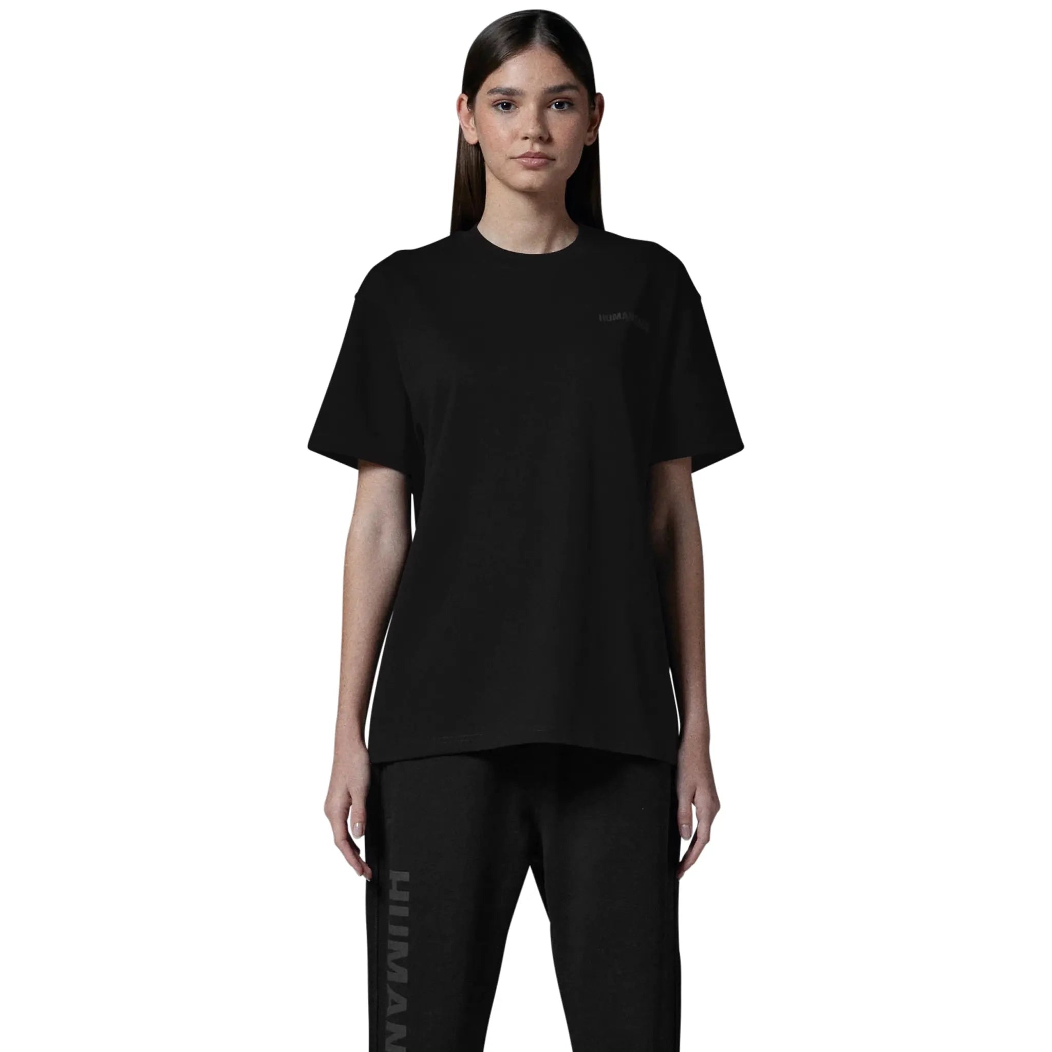 Model female front view of Human Race Made Jet Black T Shirt