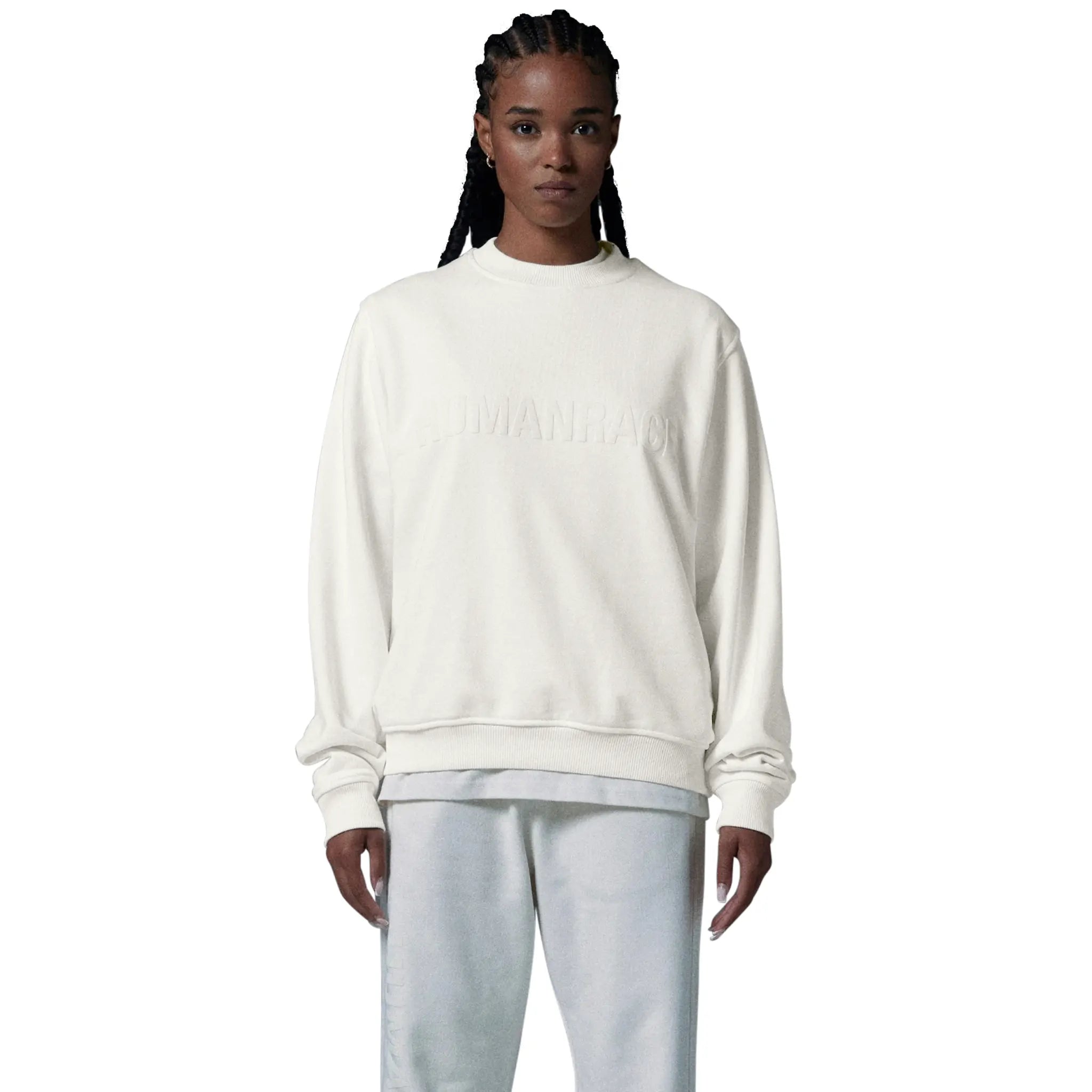 Model front view of Human Race Planet Bone White Sweatshirt
