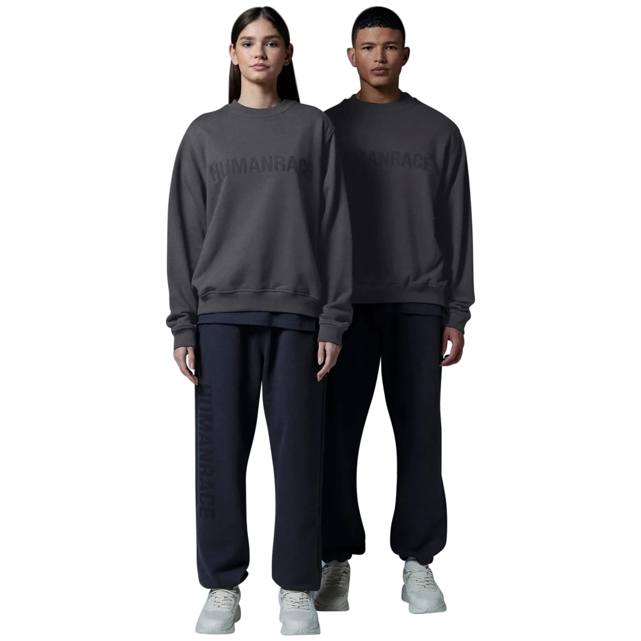 Model front view of Human Race Planet Dusty Grey Sweatshirt