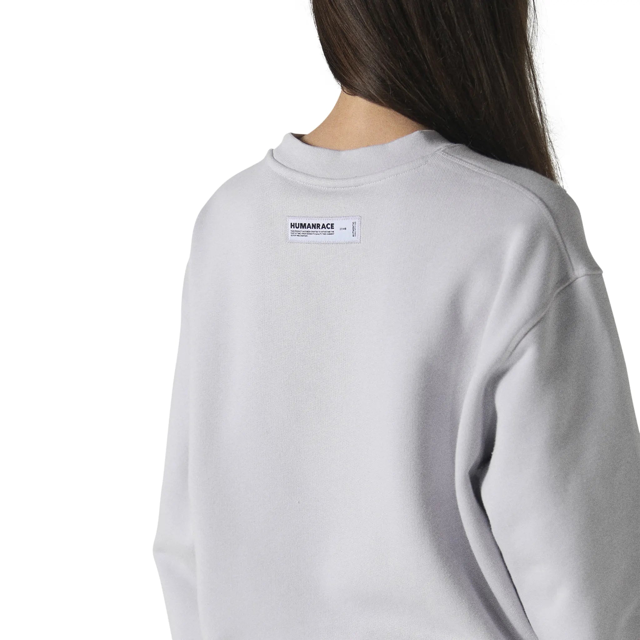 Model back detail view of Human Race World Orchid Purple Sweatshirt