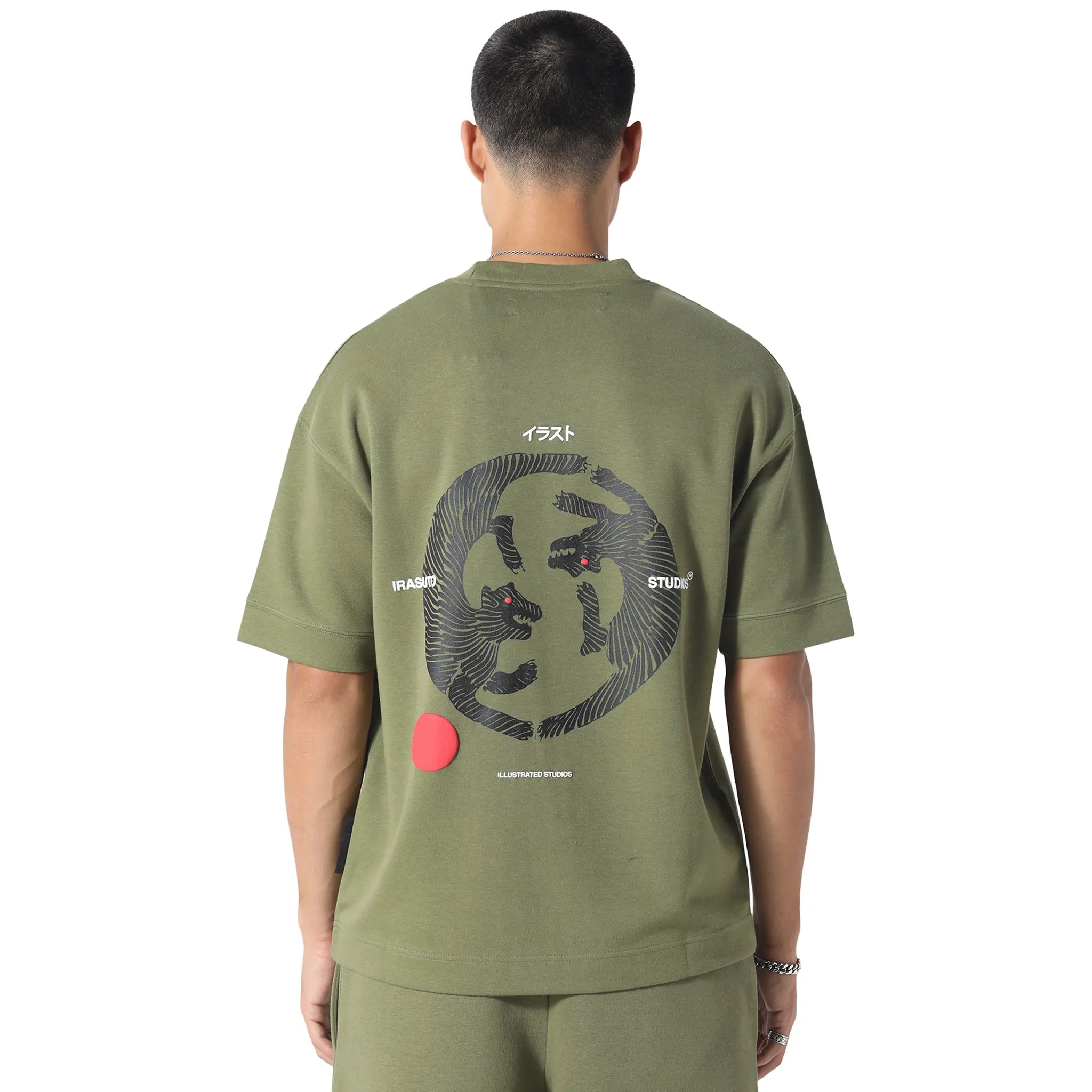 Model Back View of Irasuto Studios Claw Khaki T Shirt 5060615208906