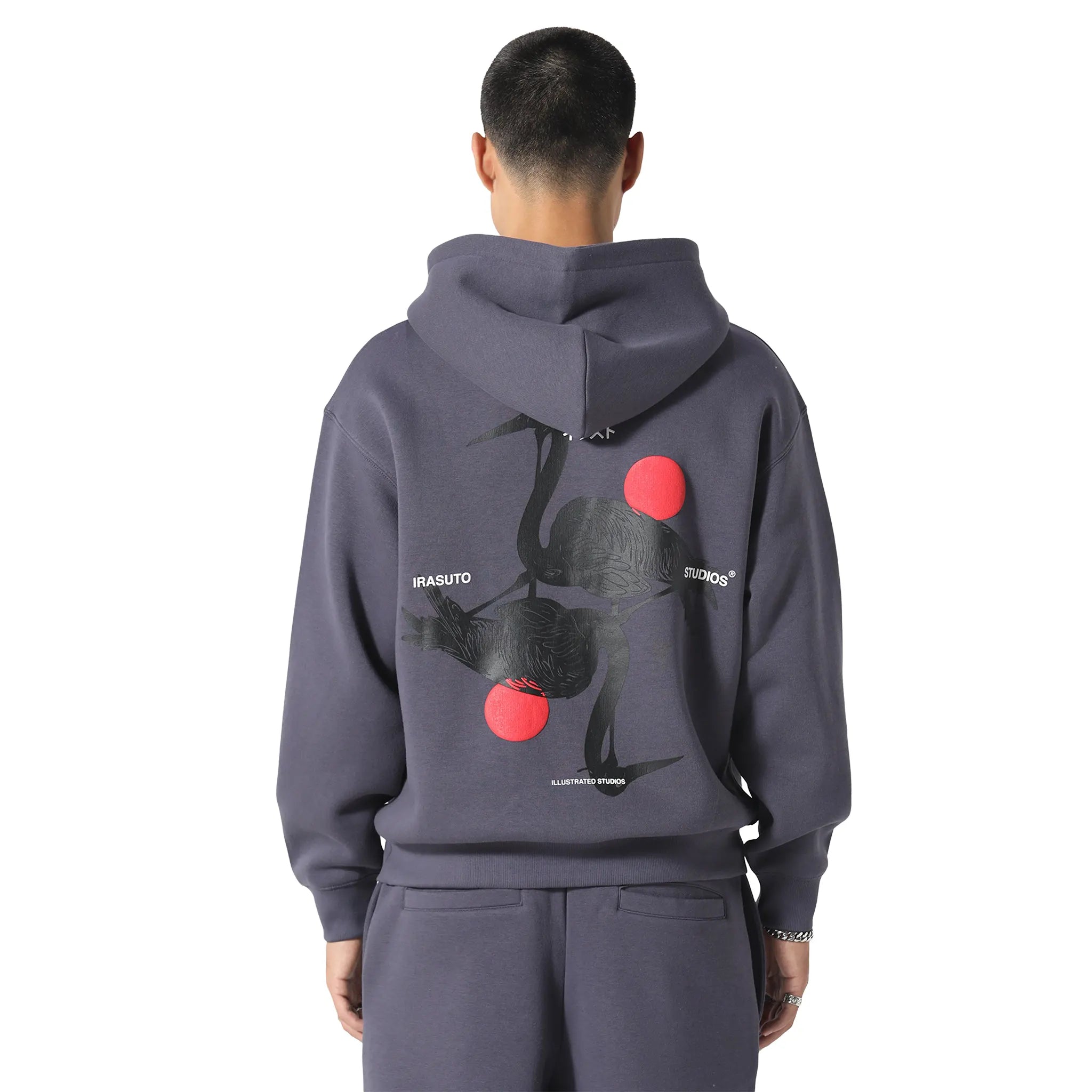 Back View of Irasuto Studios Crane Sea Blue Hoodie 506061520990