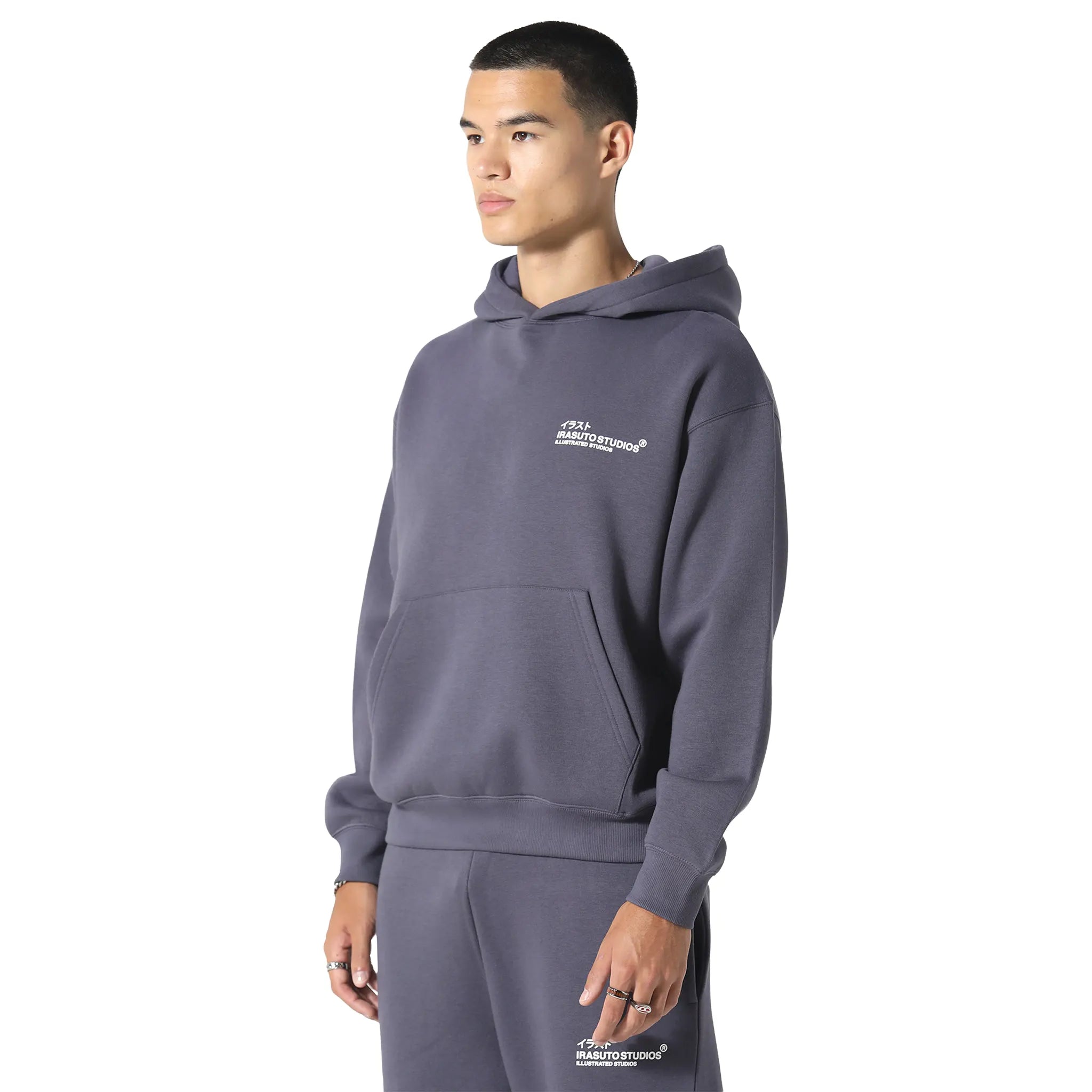 Front Side View of Irasuto Studios Crane Sea Blue Hoodie 506061520990