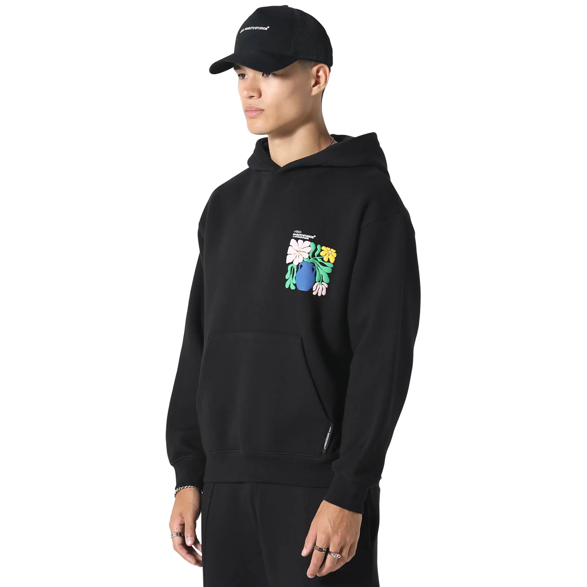 Front Side View of Irasuto Studios Hikari Bloom Black Hoodie 5060615214273