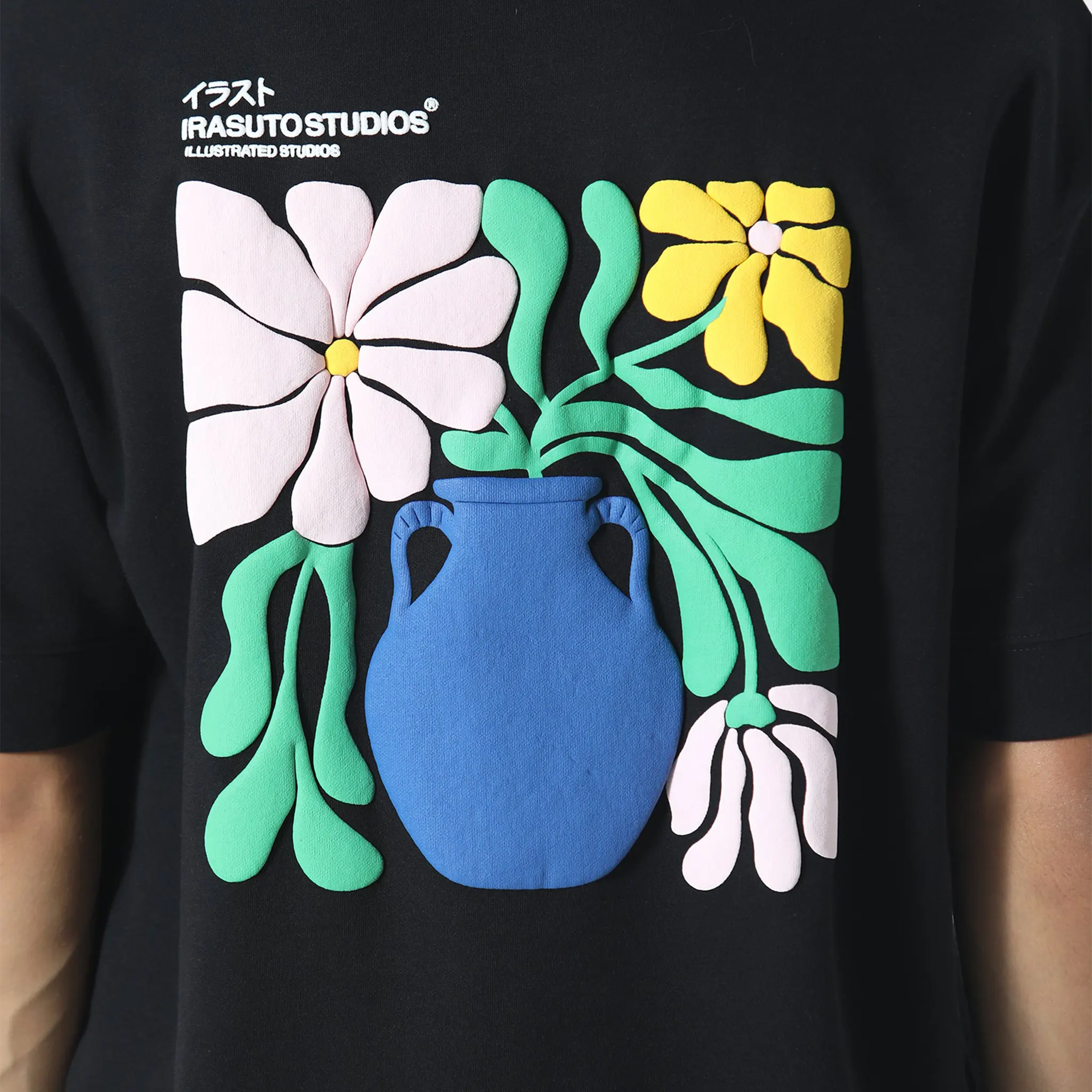 Detailed Back View of Irasuto Studios Hikari Bloom Black T Shirt 5060615214907