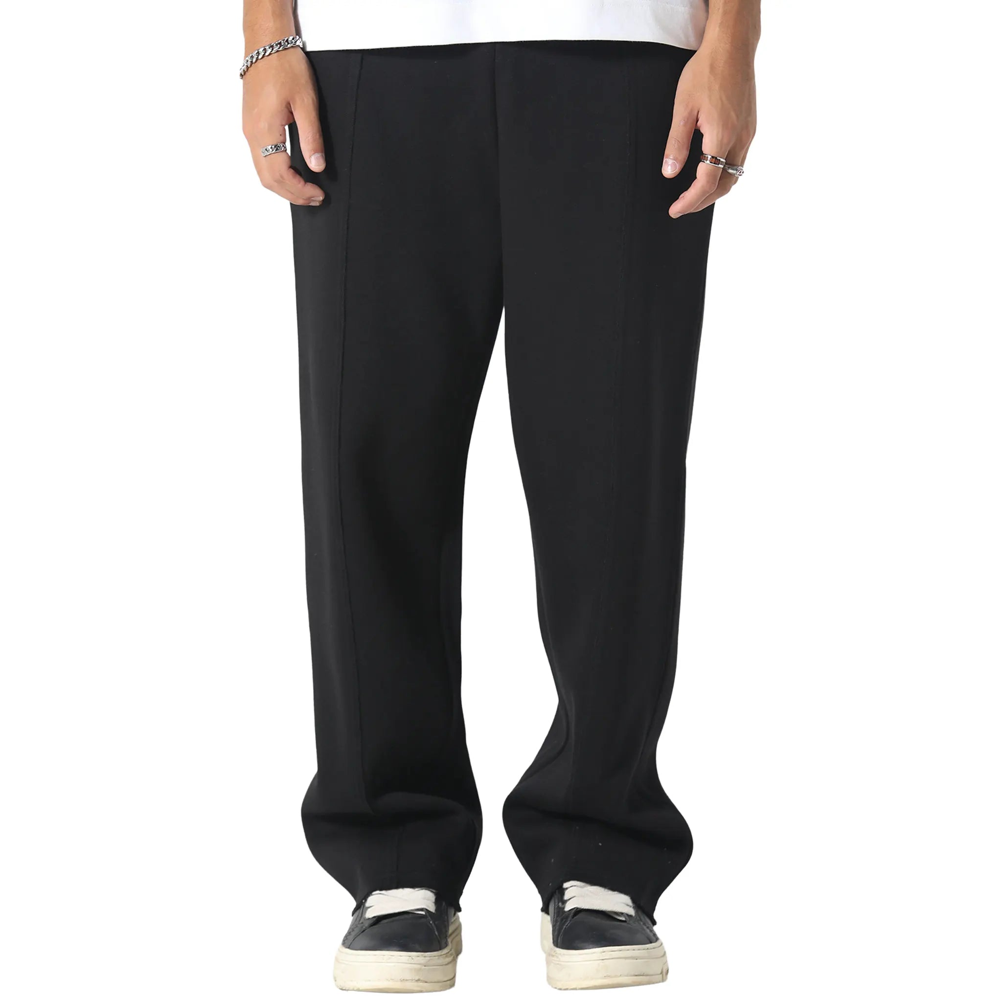 Front View of Irasuto Studios Raw Hem Black Sweatpants 5060615213993