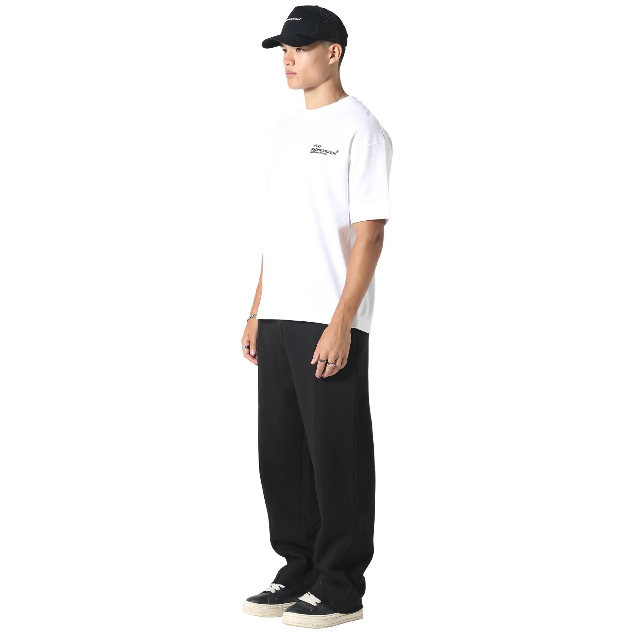 Front Side View of Irasuto Studios Raw Hem Black Sweatpants 5060615213993