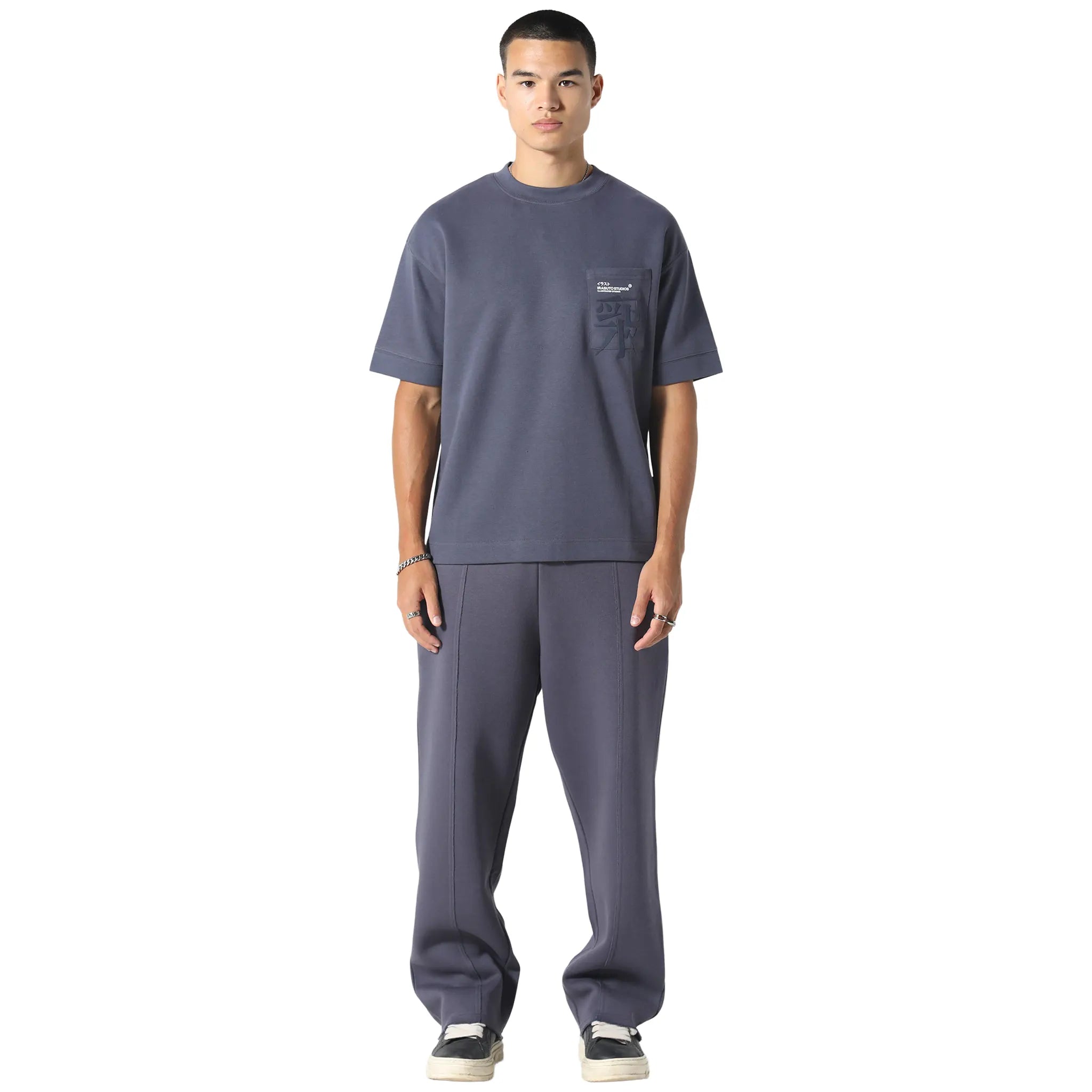 Model Front View of Irasuto Studios Raw Hem Deep Sea Sweatpants 5060615210022