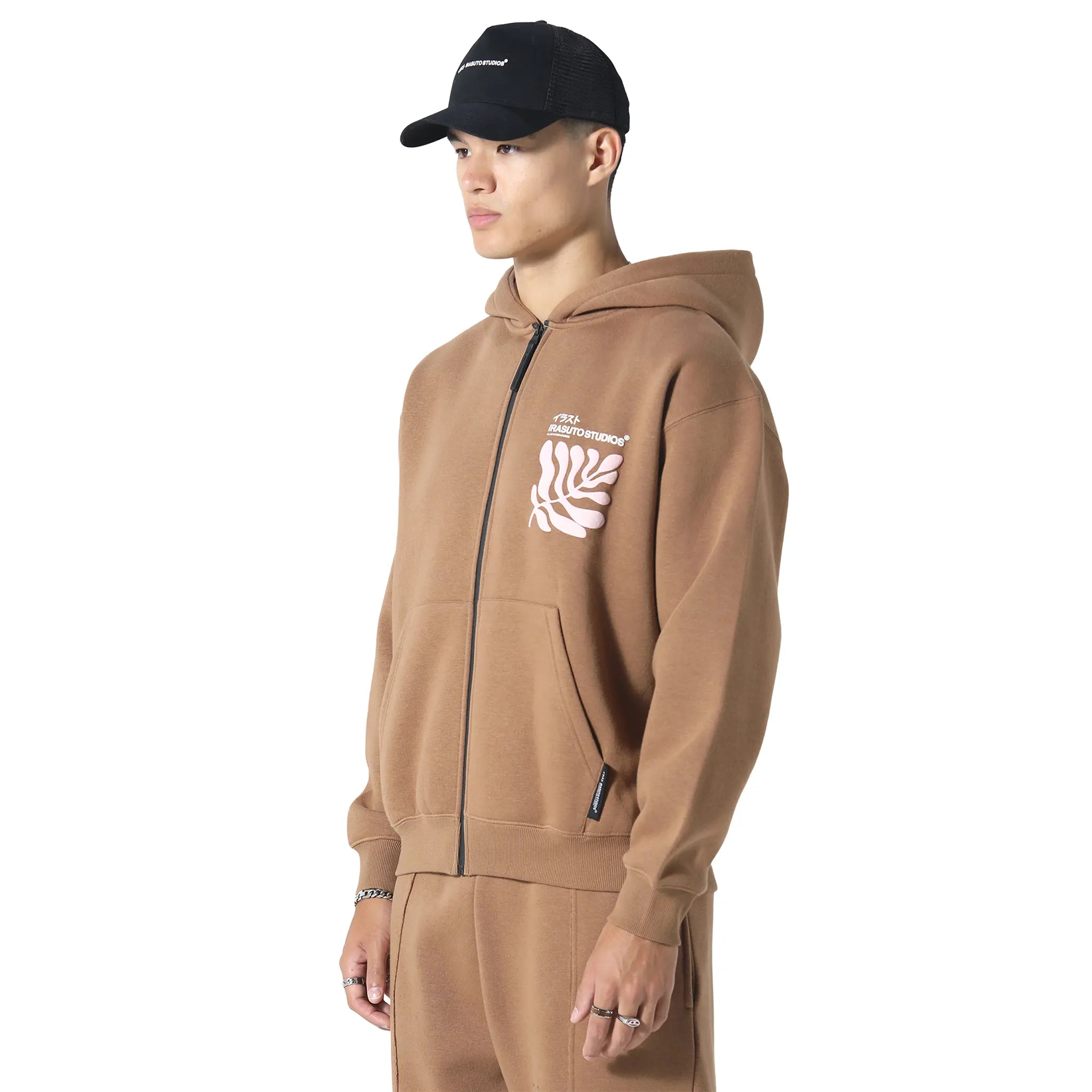 Front Side View of Irasuto Studios Sumi Flow Tobacco Zip-Up Hoodie 5060615214419