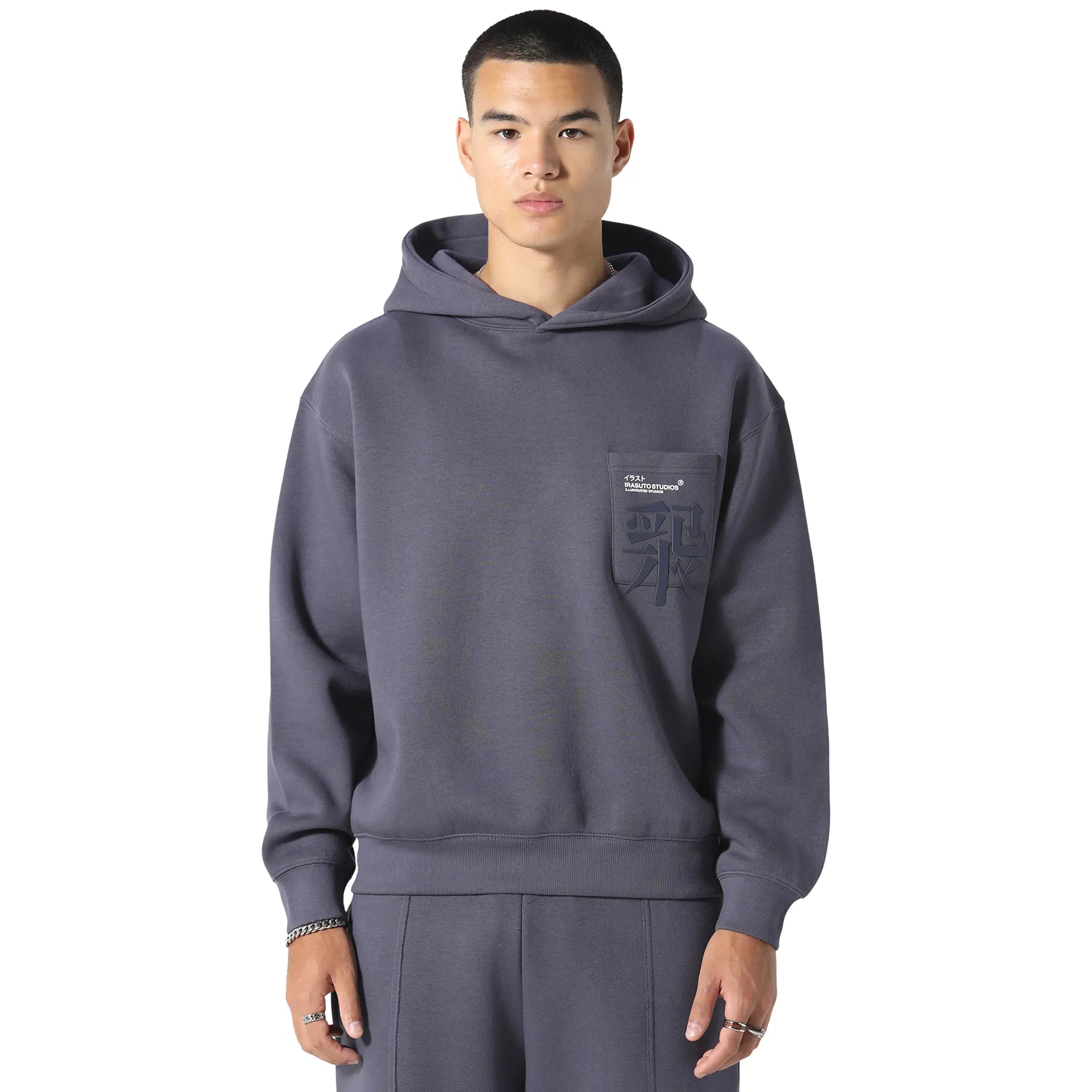 Front View of Irasuto Studios Typo Sea Blue Hoodie 5060615209675