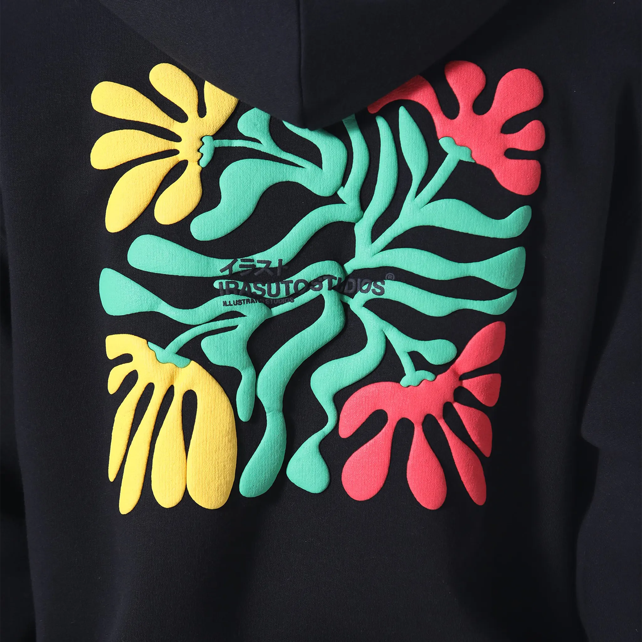 Detailed Back View of Irasuto Studios Zen Forest Black Hoodie 5060615214204