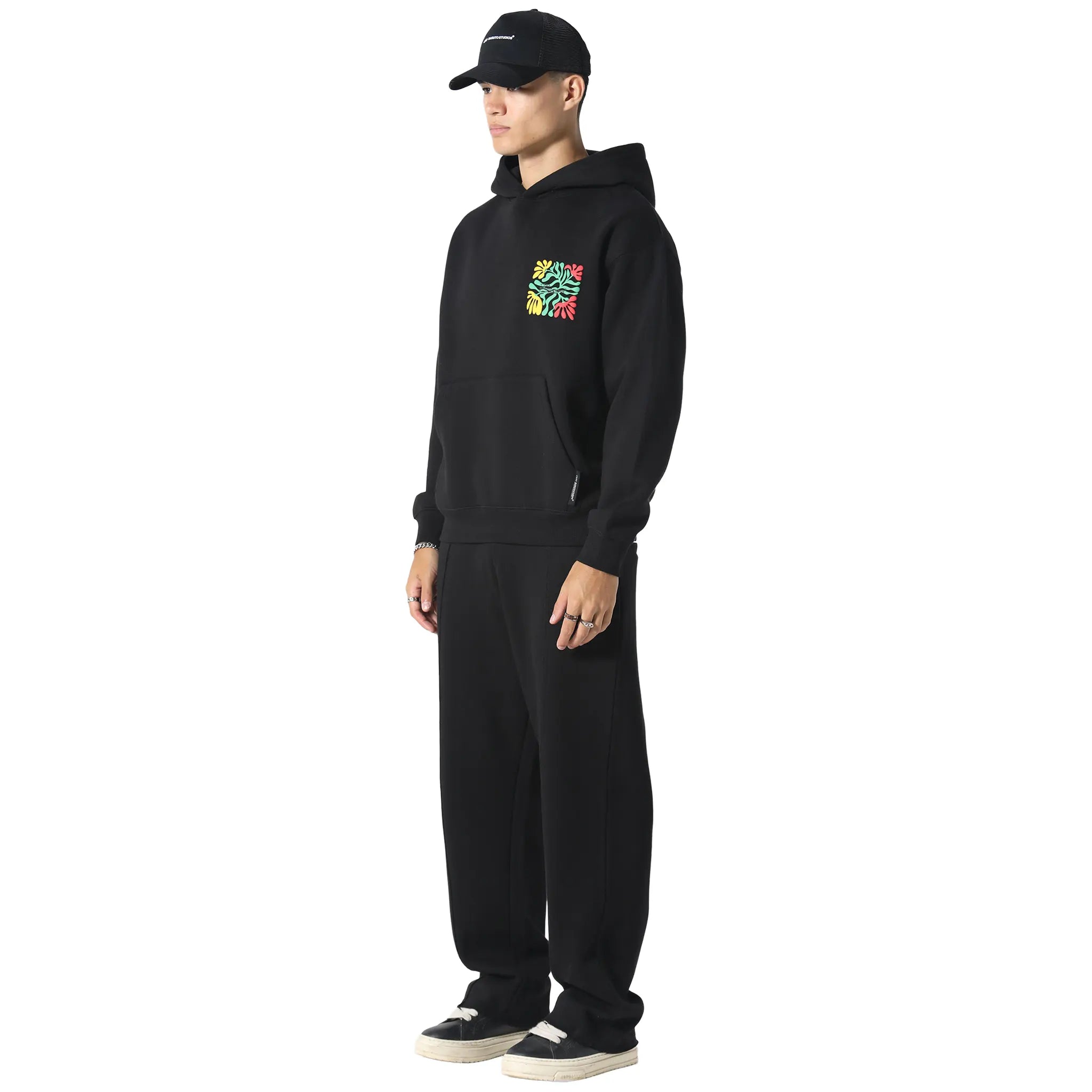 Front Side View of Irasuto Studios Zen Forest Black Hoodie 5060615214204