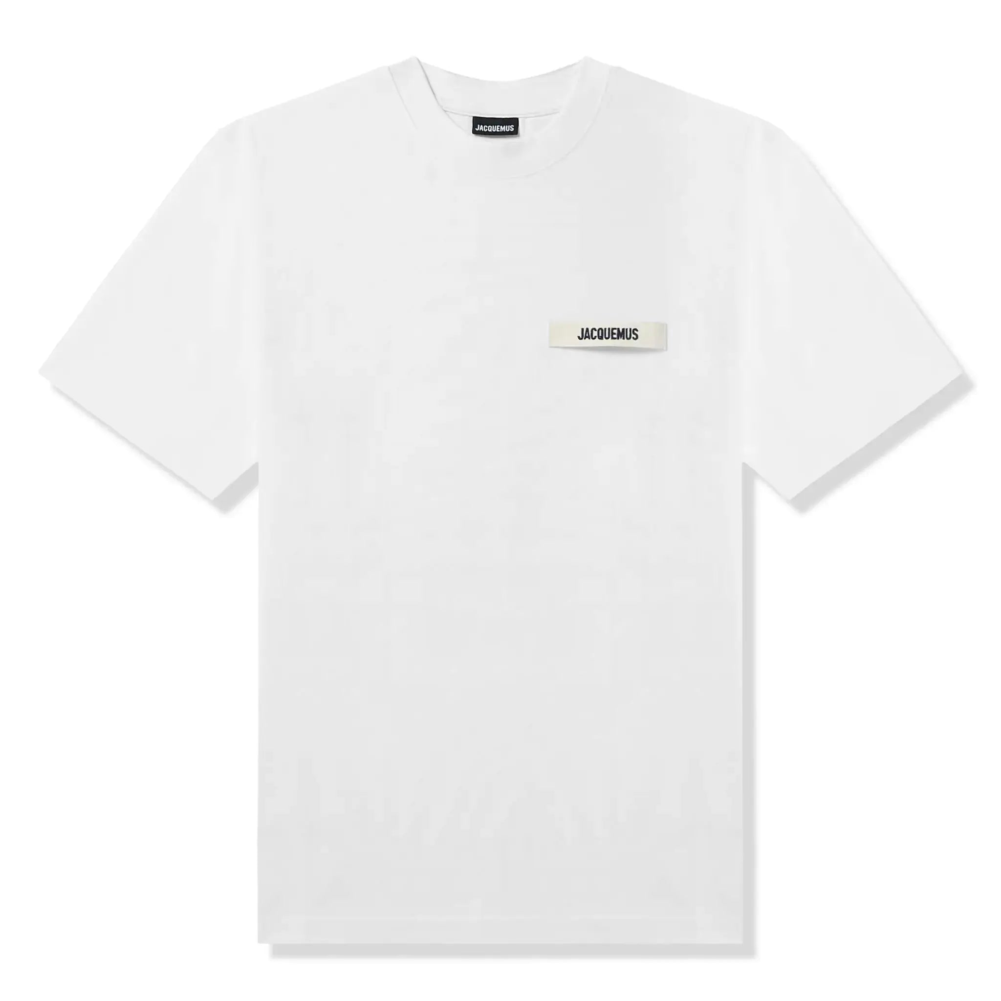 Front view of Jacquemus Grosgrain Brand Logo Tab White T Shirt 245JS208-2125-950