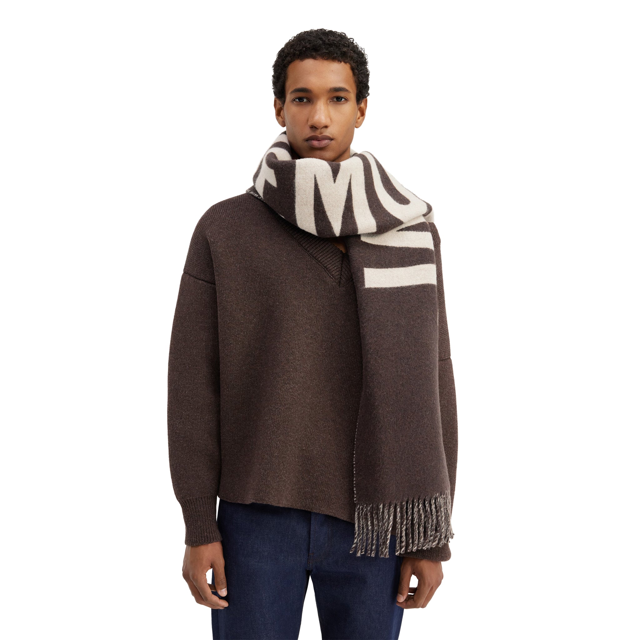 Model view of Jacquemus L'echarpe Fringe Logo Multi-Brown Scarf