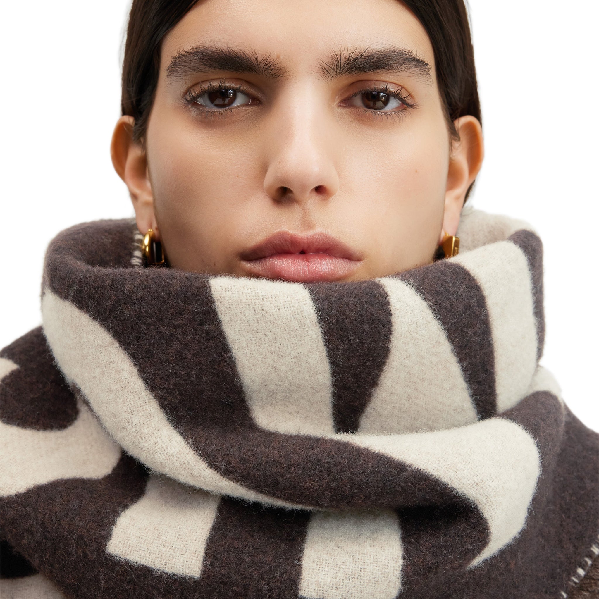 Model view of Jacquemus L'echarpe Fringe Logo Multi-Brown Scarf