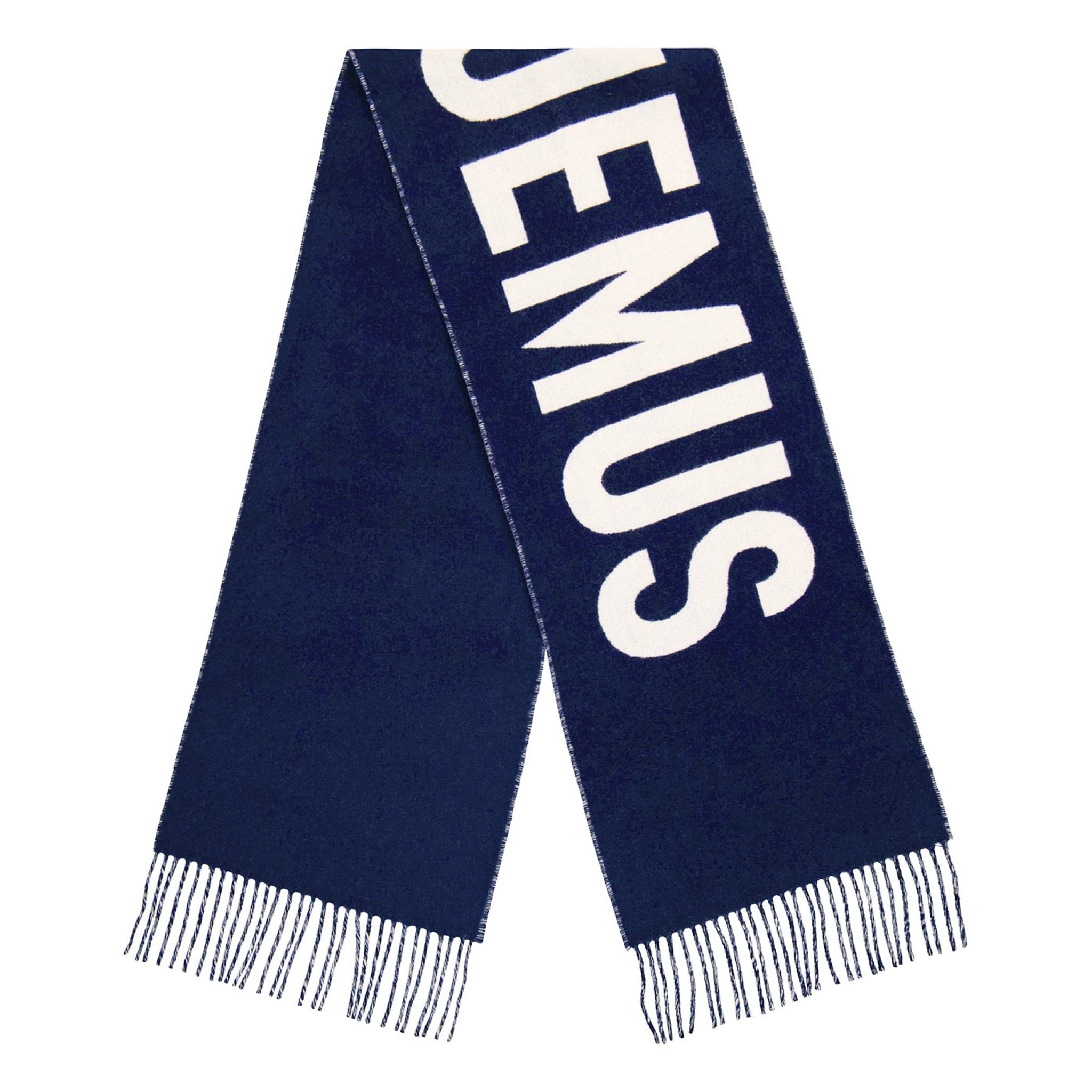 Top view of Jacquemus L'echarpe Fringe Logo Navy Scarf