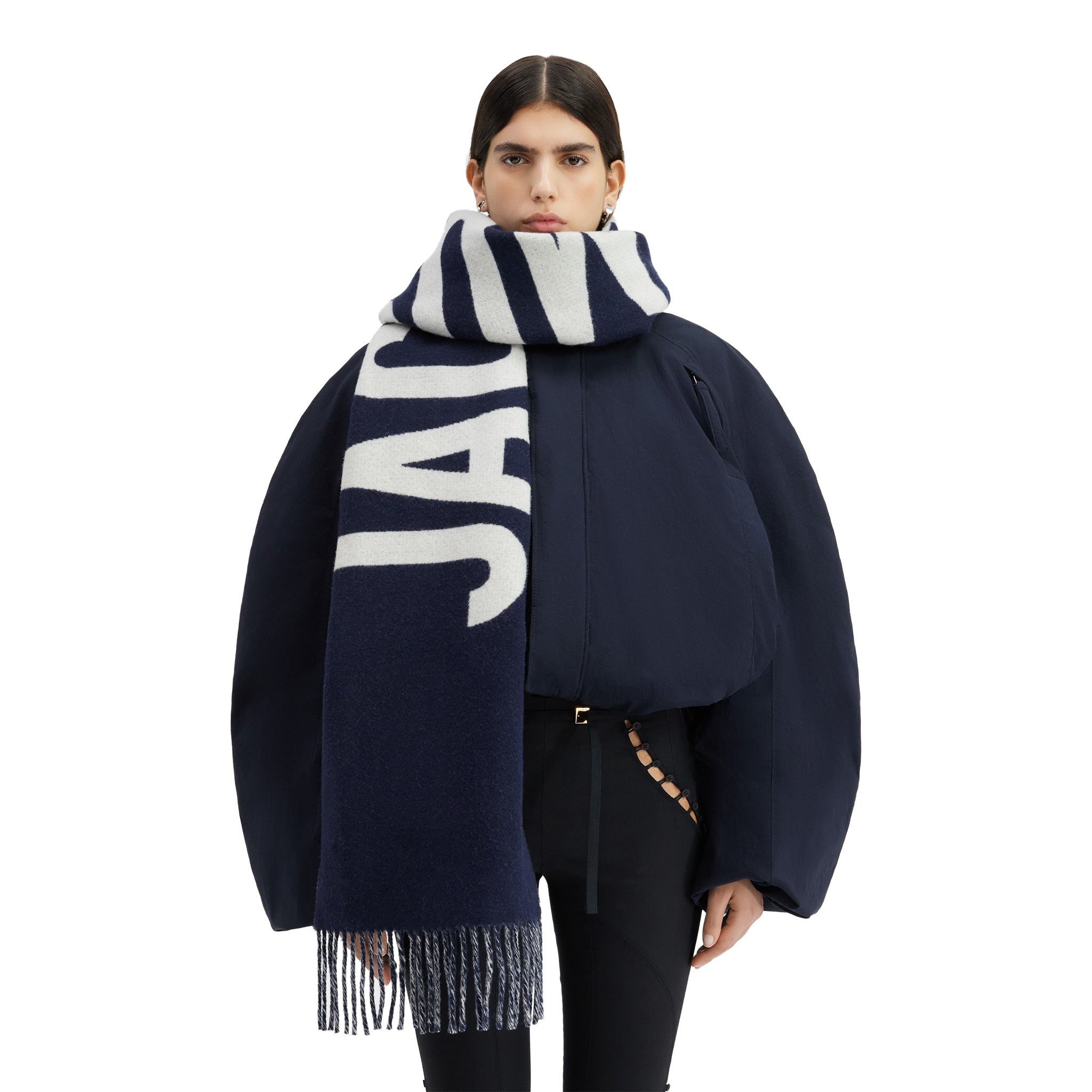 Model view of Jacquemus L'echarpe Fringe Logo Navy Scarf