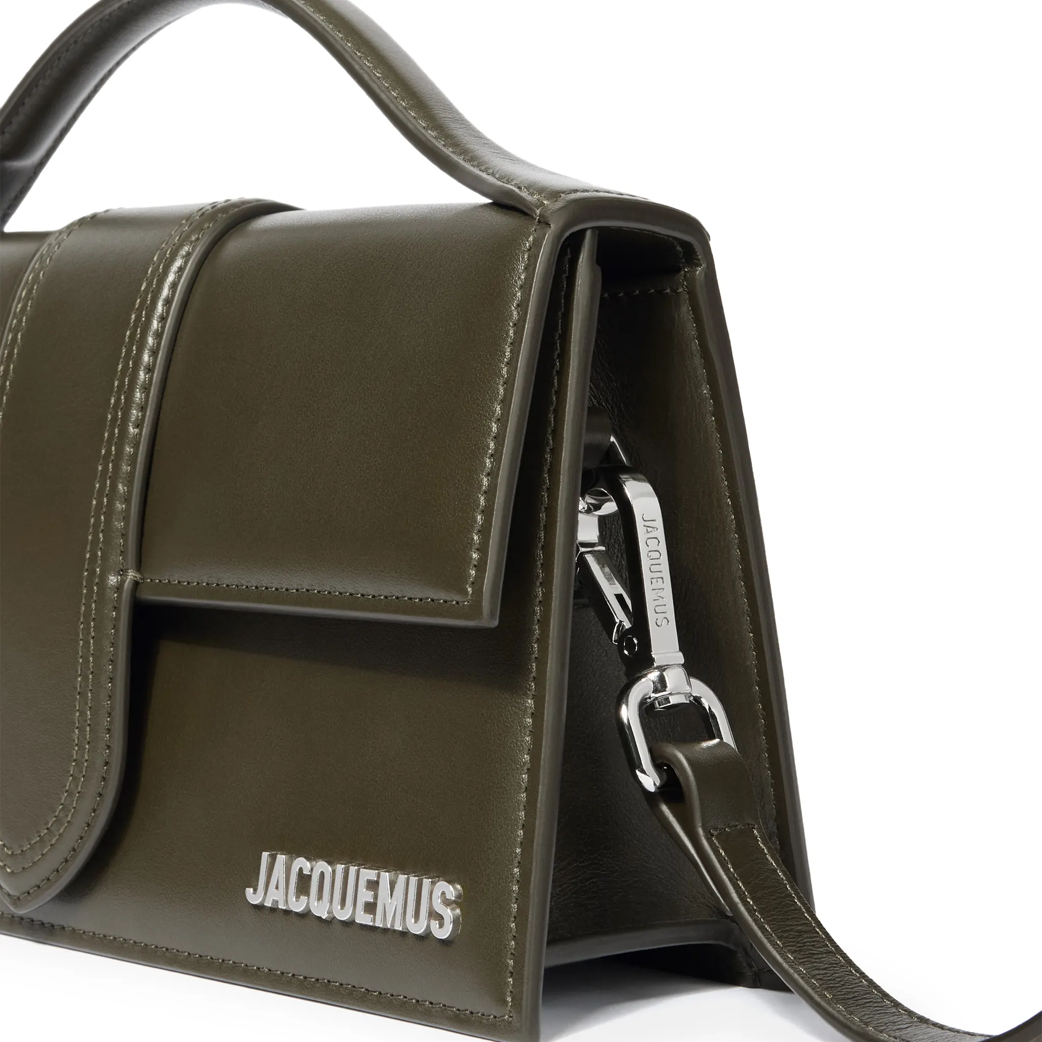 Front Side View of Jacquemus Large Bambino Dark Khaki Crossbody Bag BAW00007AC01C02580