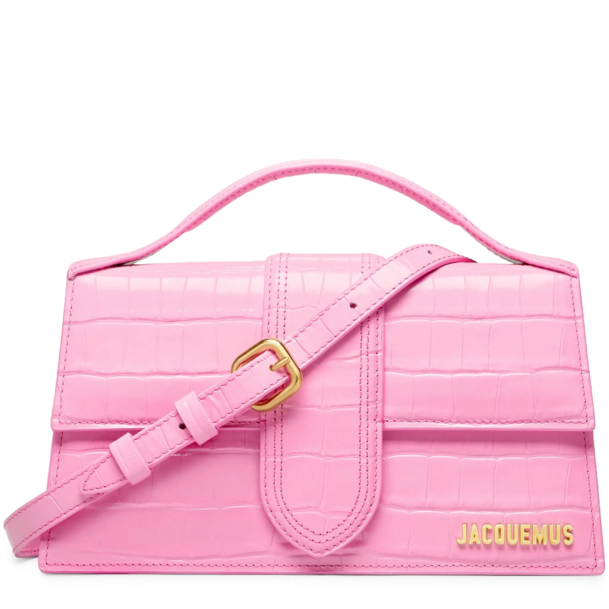 Front View of Jacquemus Large Bambino Pink Crocodile Crossbody Bag 13BA007-3101-430