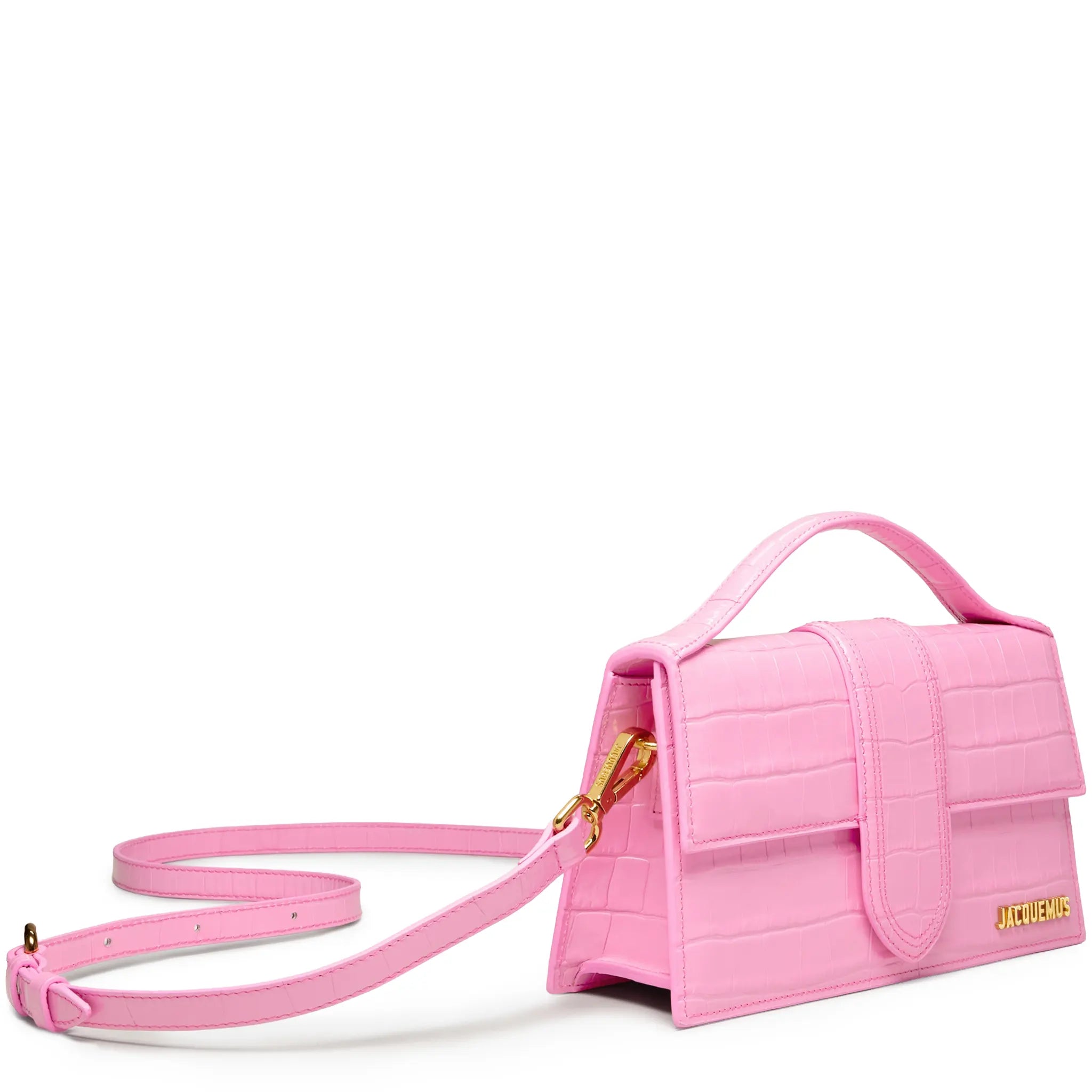 Front Side View of Jacquemus Large Bambino Pink Crocodile Crossbody Bag 13BA007-3101-430