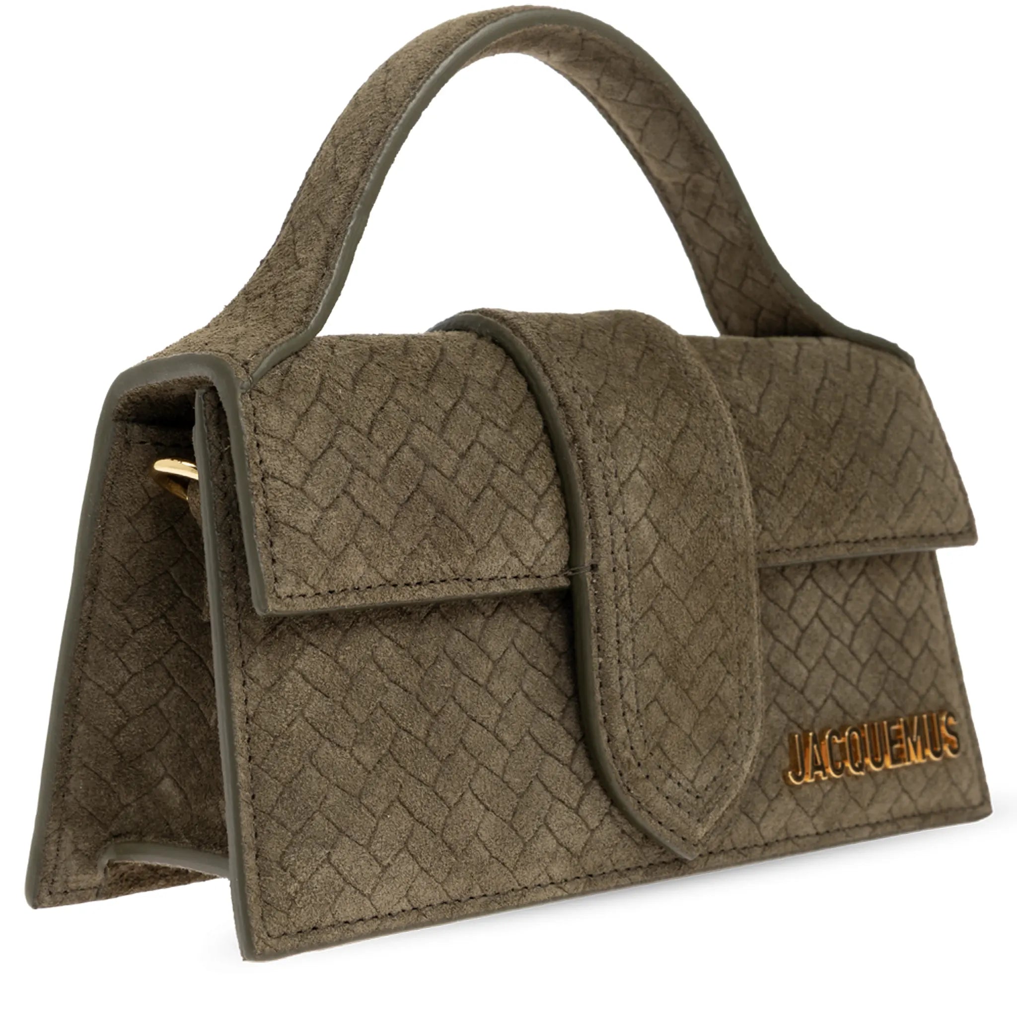 Front Side View of Jacquemus Le Bambino Khaki Suede Top Handle Bag BAW00006 AC39A02-560