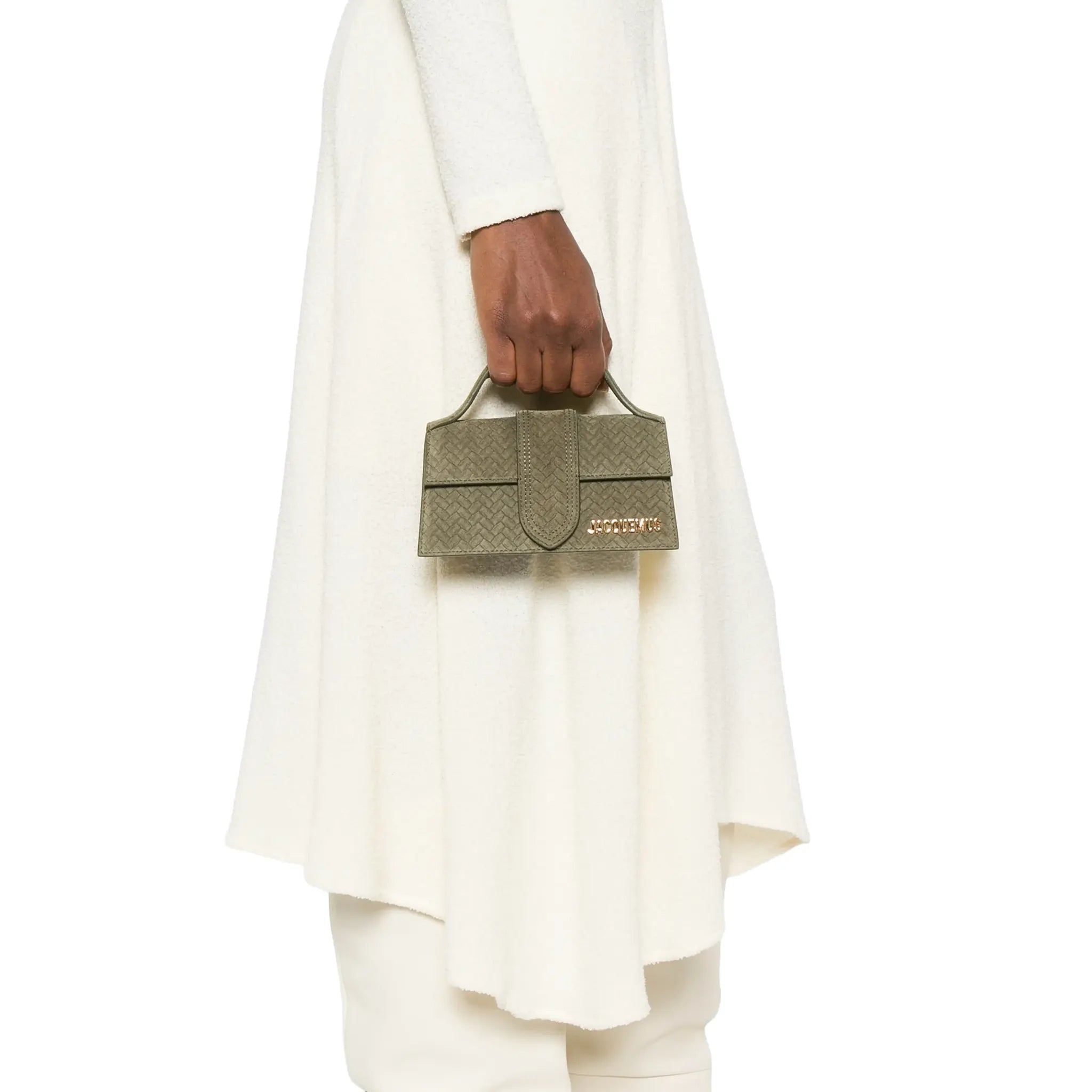 Model View of Jacquemus Le Bambino Khaki Suede Top Handle Bag BAW00006 AC39A02-560