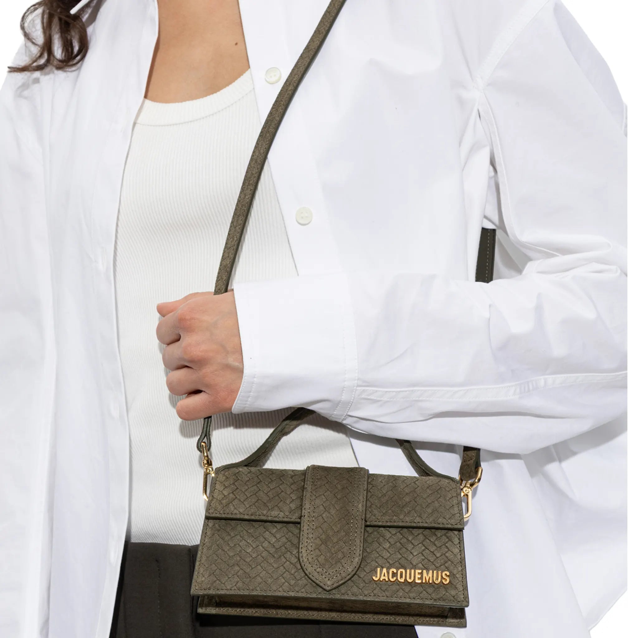 Model View of Jacquemus Le Bambino Khaki Suede Top Handle Bag BAW00006 AC39A02-560