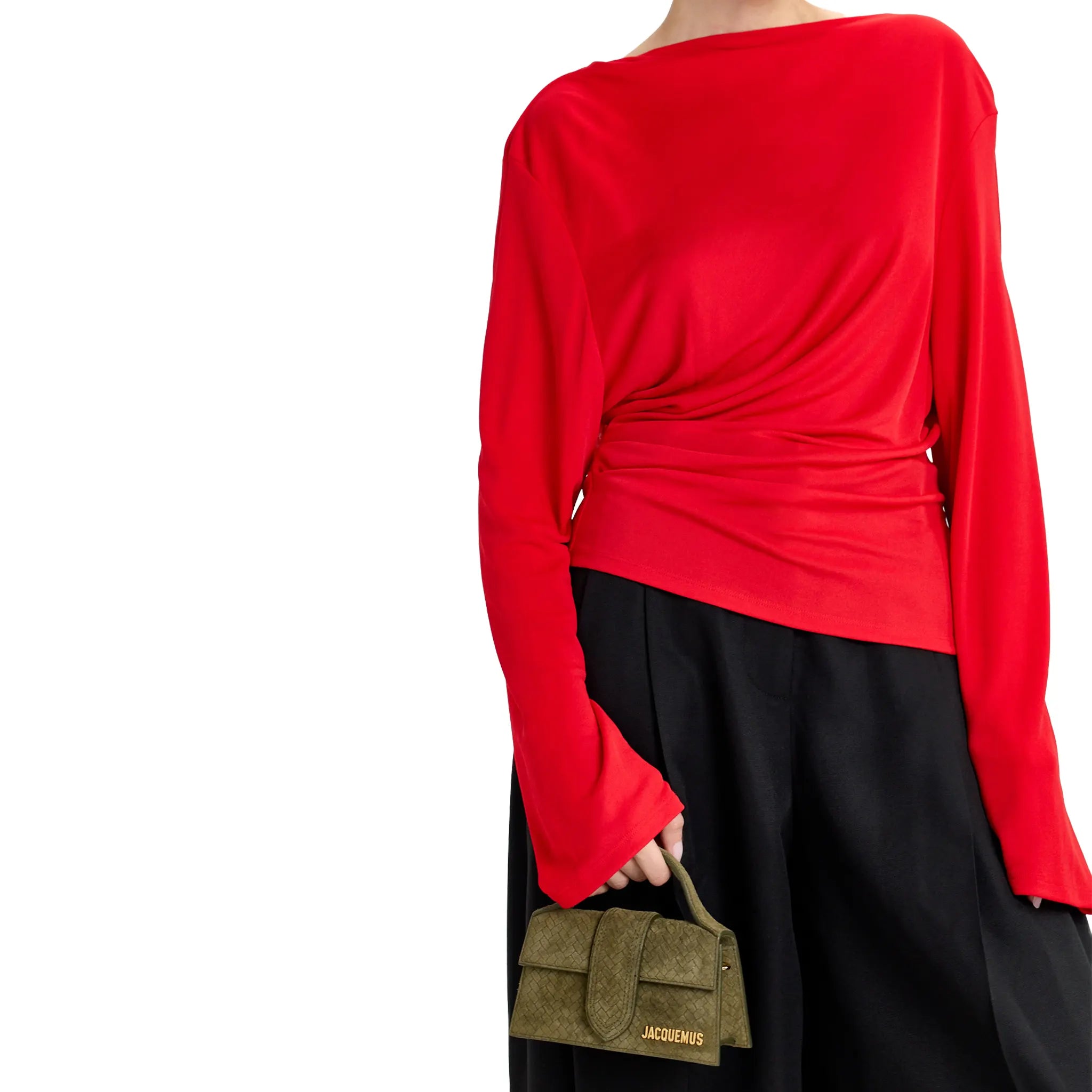 Front View of Jacquemus Le Bambino Khaki Suede Top Handle Bag BAW00006 AC39A02-560