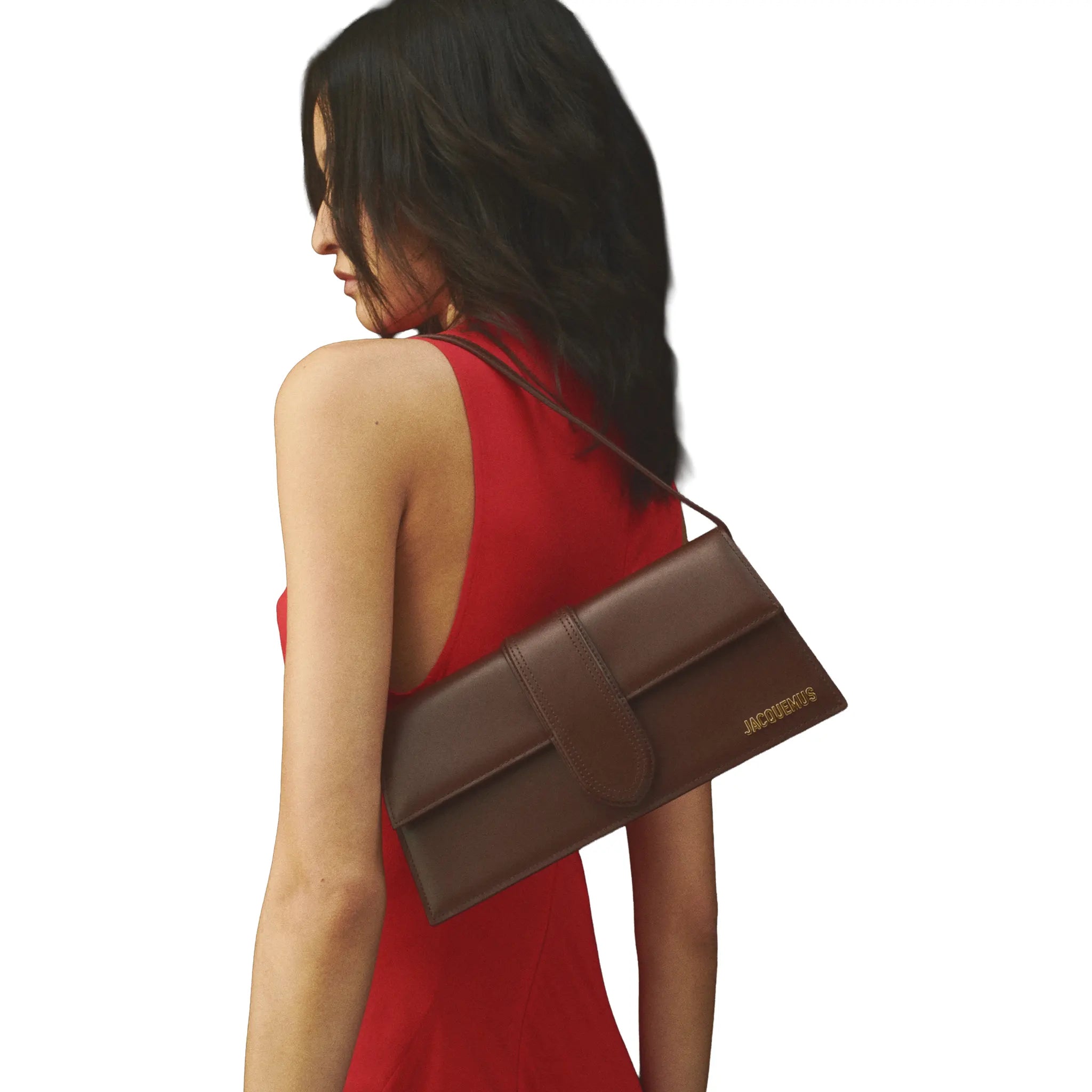Model View of Jacquemus Le Bambino Long Flap Brown Shoulder Bag BAW00013AC01A01850