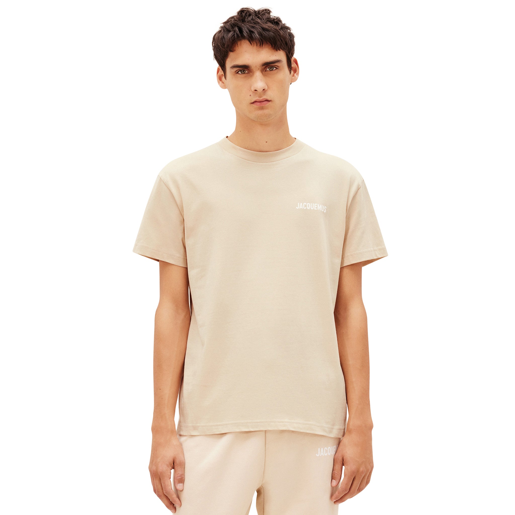 Male model front view of Jacquemus Logo T Shirt Light Beige 216JS207-2480-130
