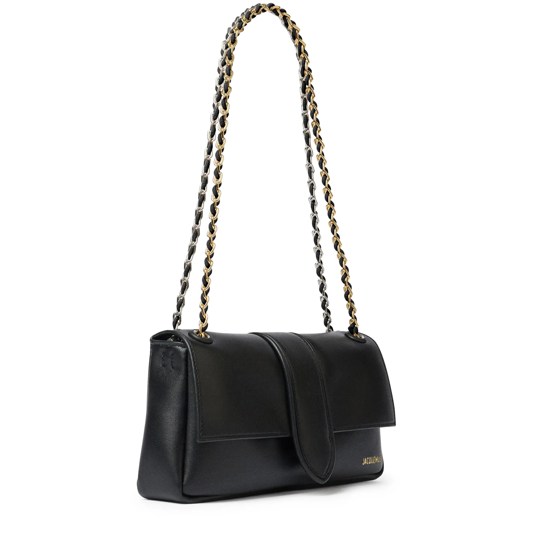 Front Side View of Jacquemus The Bambino Chain Soft Flap Black Shoulder Bag BAW00453AC27L14990