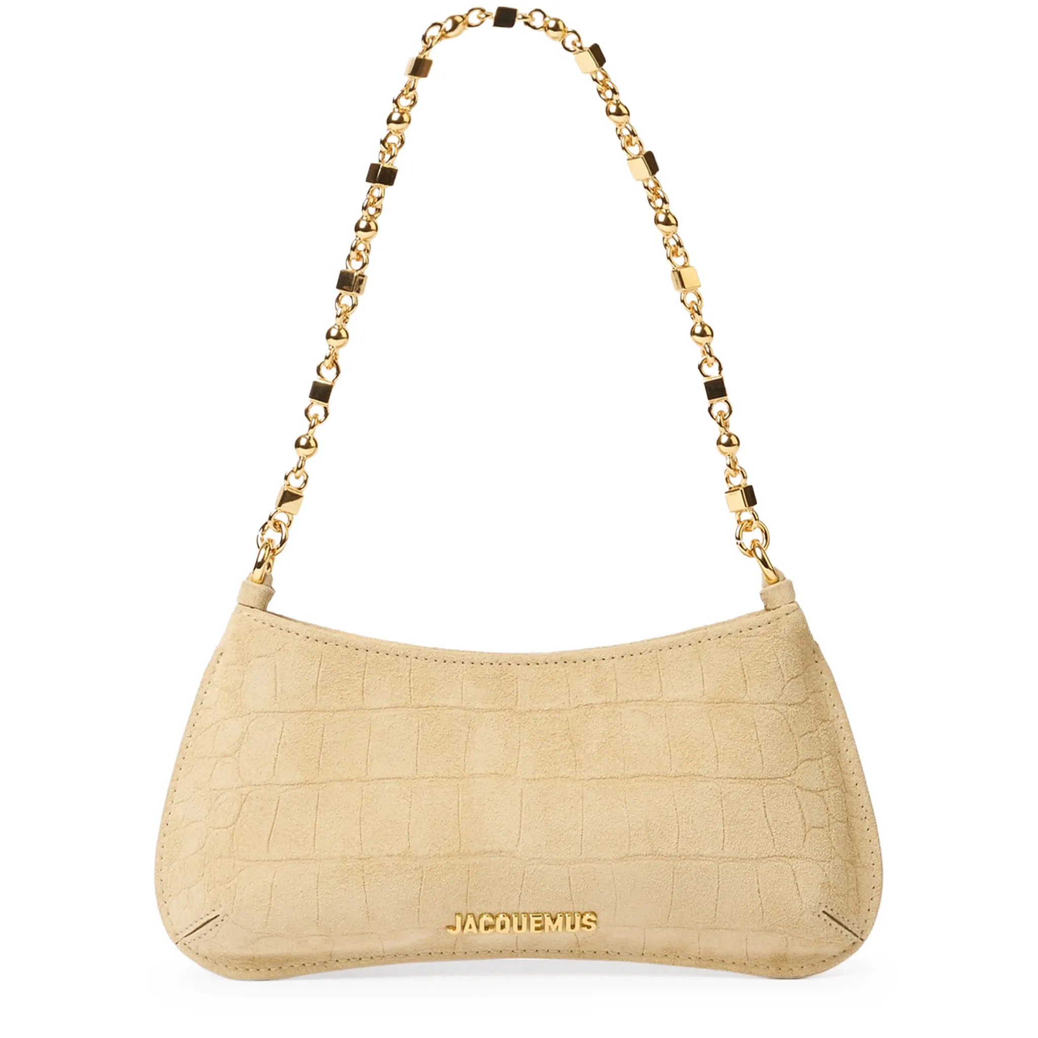 Front View of Jacquemus The Bisou Chain Small Suede Beige Shoulder Bag BAW00404AC07A17150