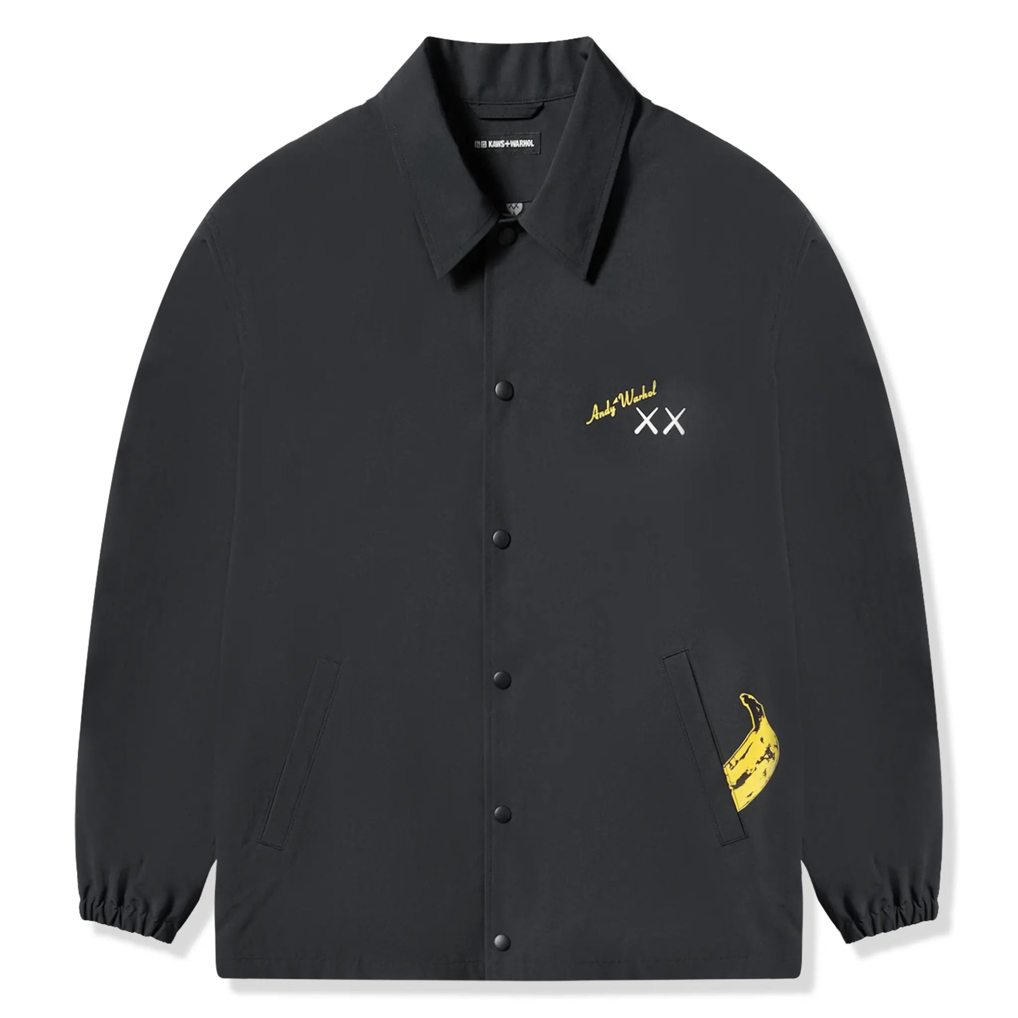Front view of Kaws x Uniqlo Warhol Coach Black Jacket 474138