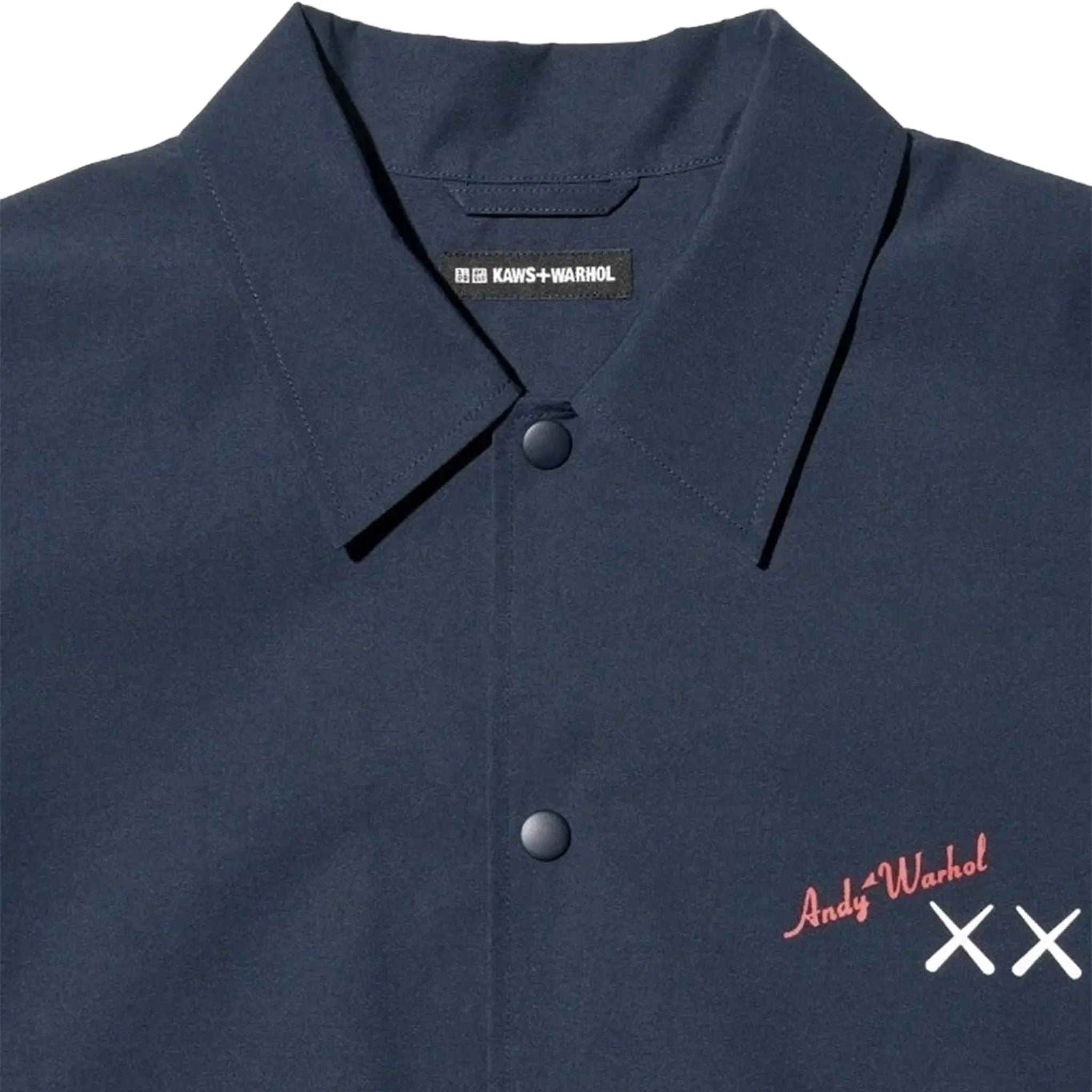 Detailed front View of Kaws x Uniqlo Warhol Coach Navy Jacket 476316