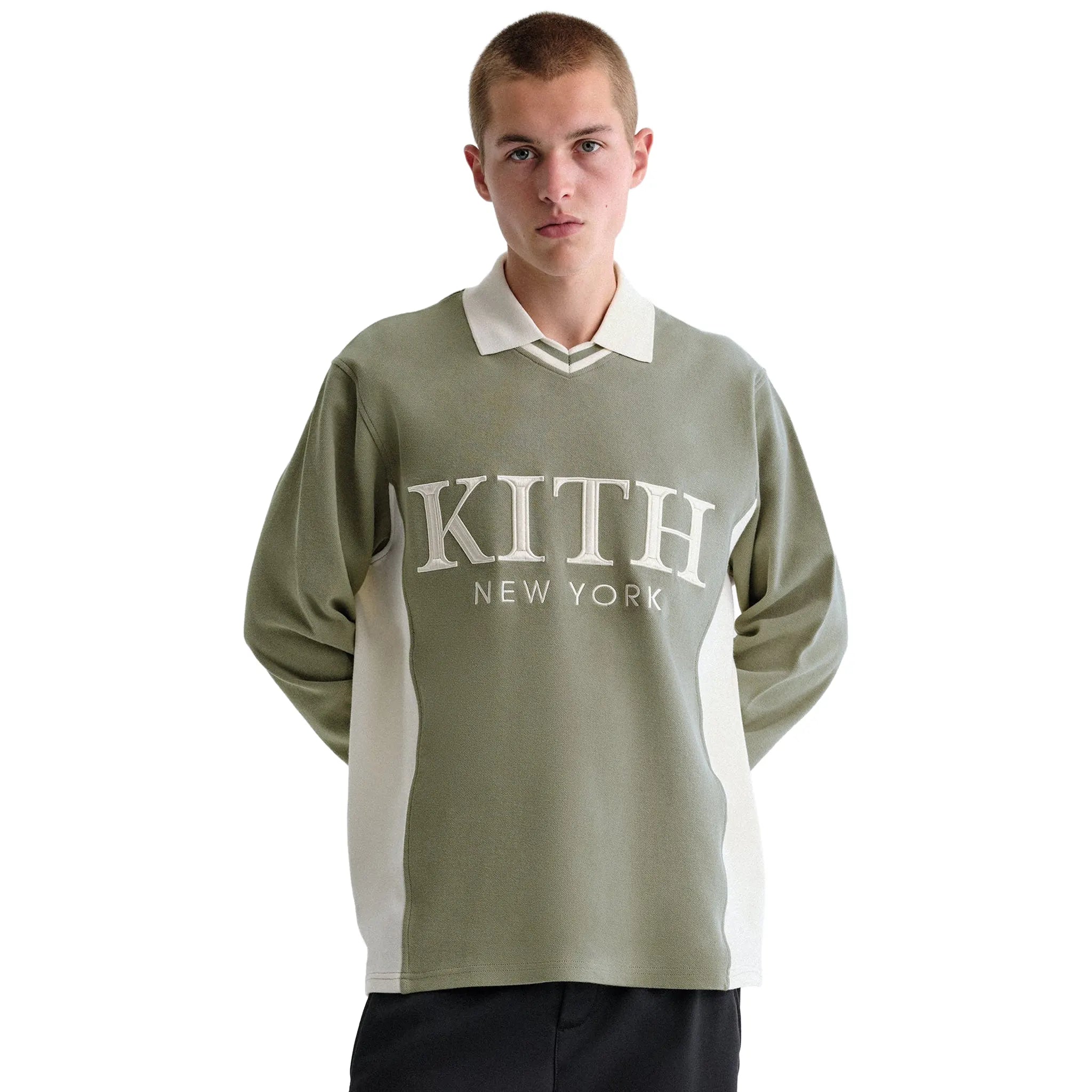 Model View of Kith Pique L/S Tap Scene Polo Shirt KHM033828-350