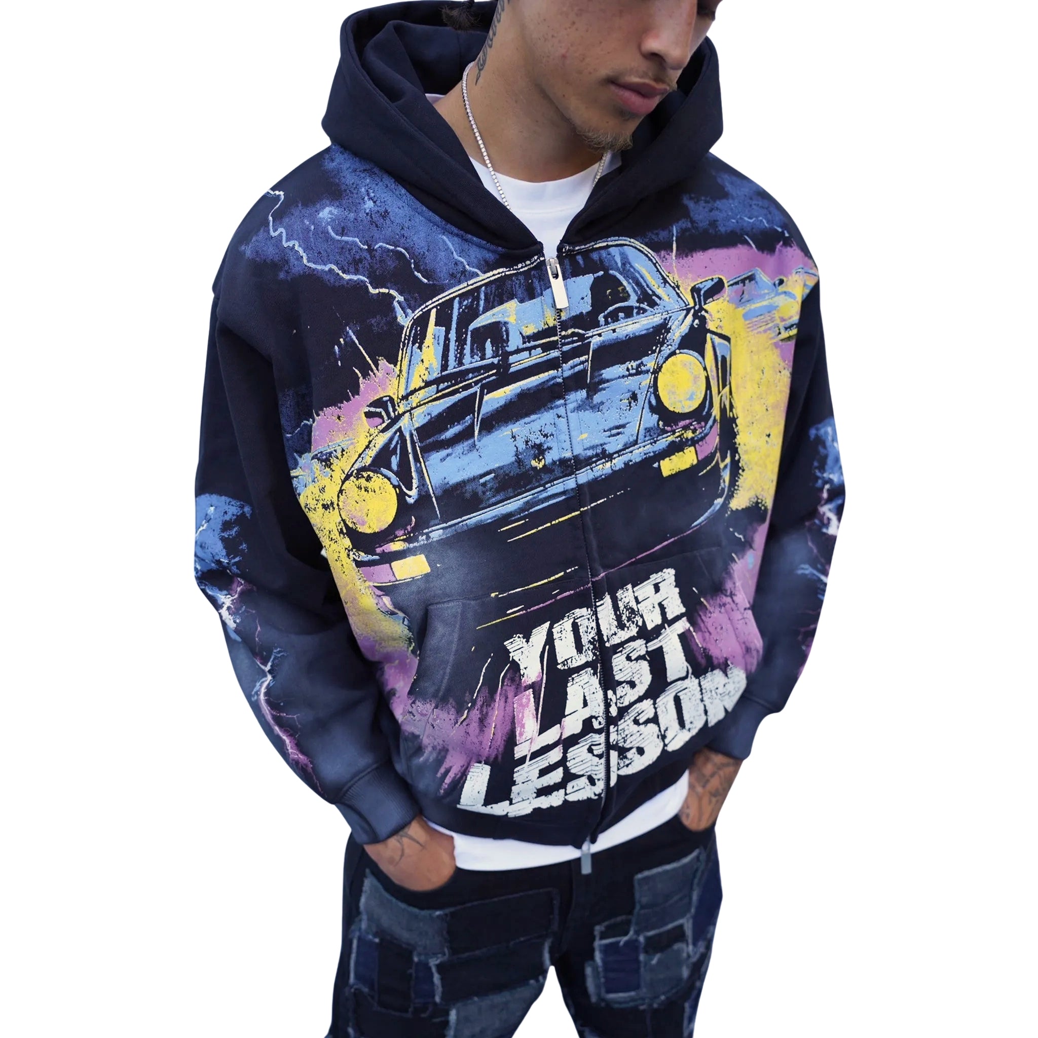 Front View of Last Lesson Car Black Zip-Up Hoodie