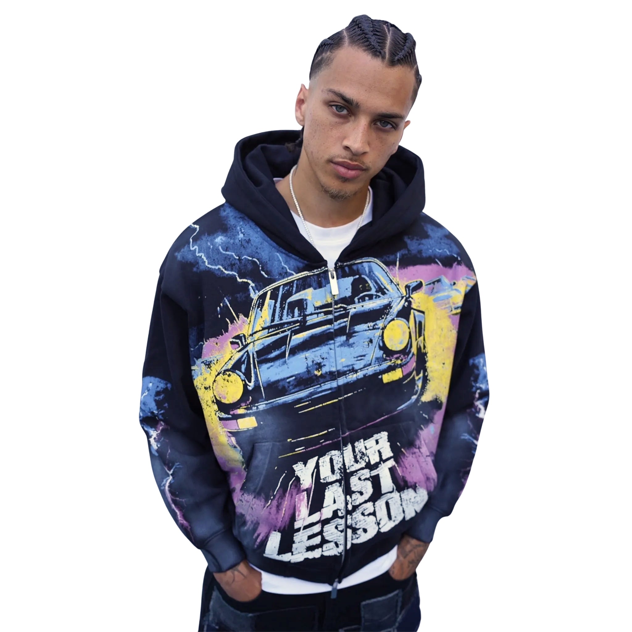 Front View of Last Lesson Car Black Zip-Up Hoodie