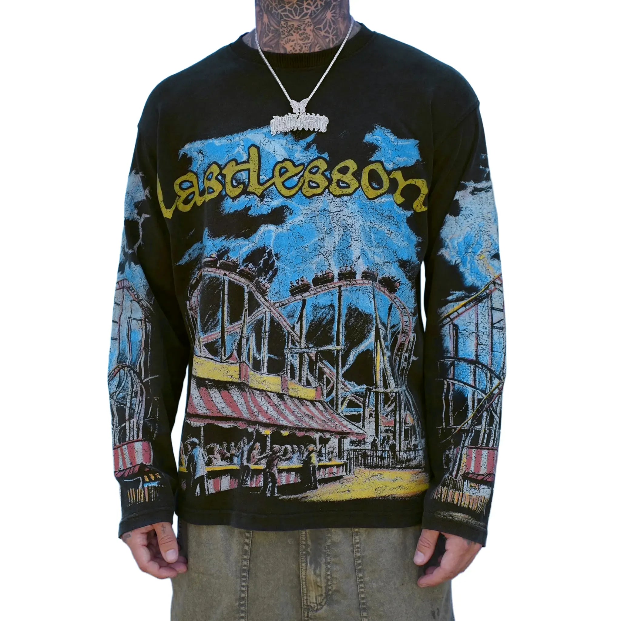 Front View of Last Lesson Carnival Black T Shirt