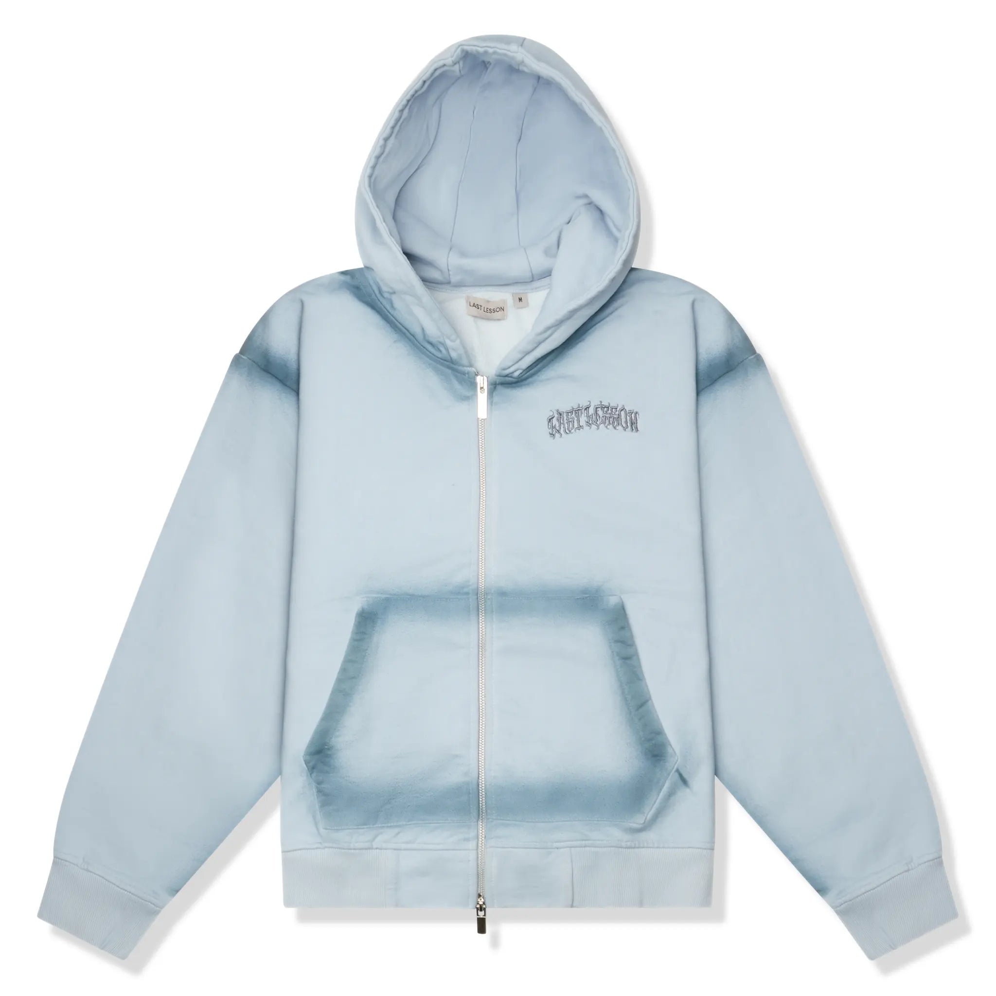 Front View of Last Lesson Sprayed Blue Hoodie