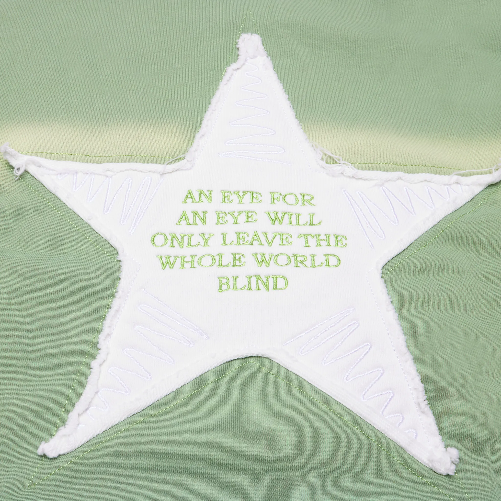 Detailed Back View of Last Lesson Washed Applique Green Hoodie