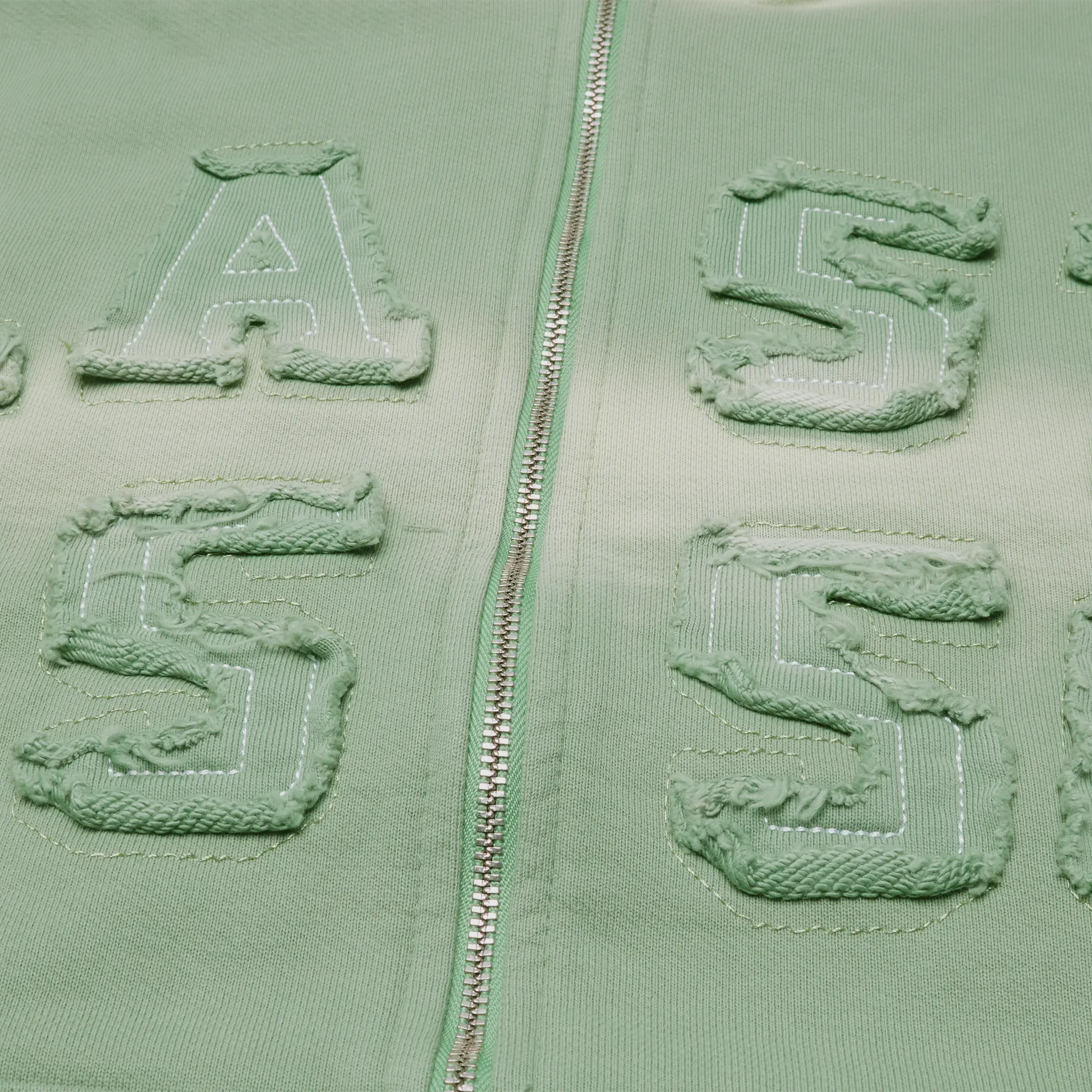 Detailed Front View of Last Lesson Washed Applique Green Hoodie