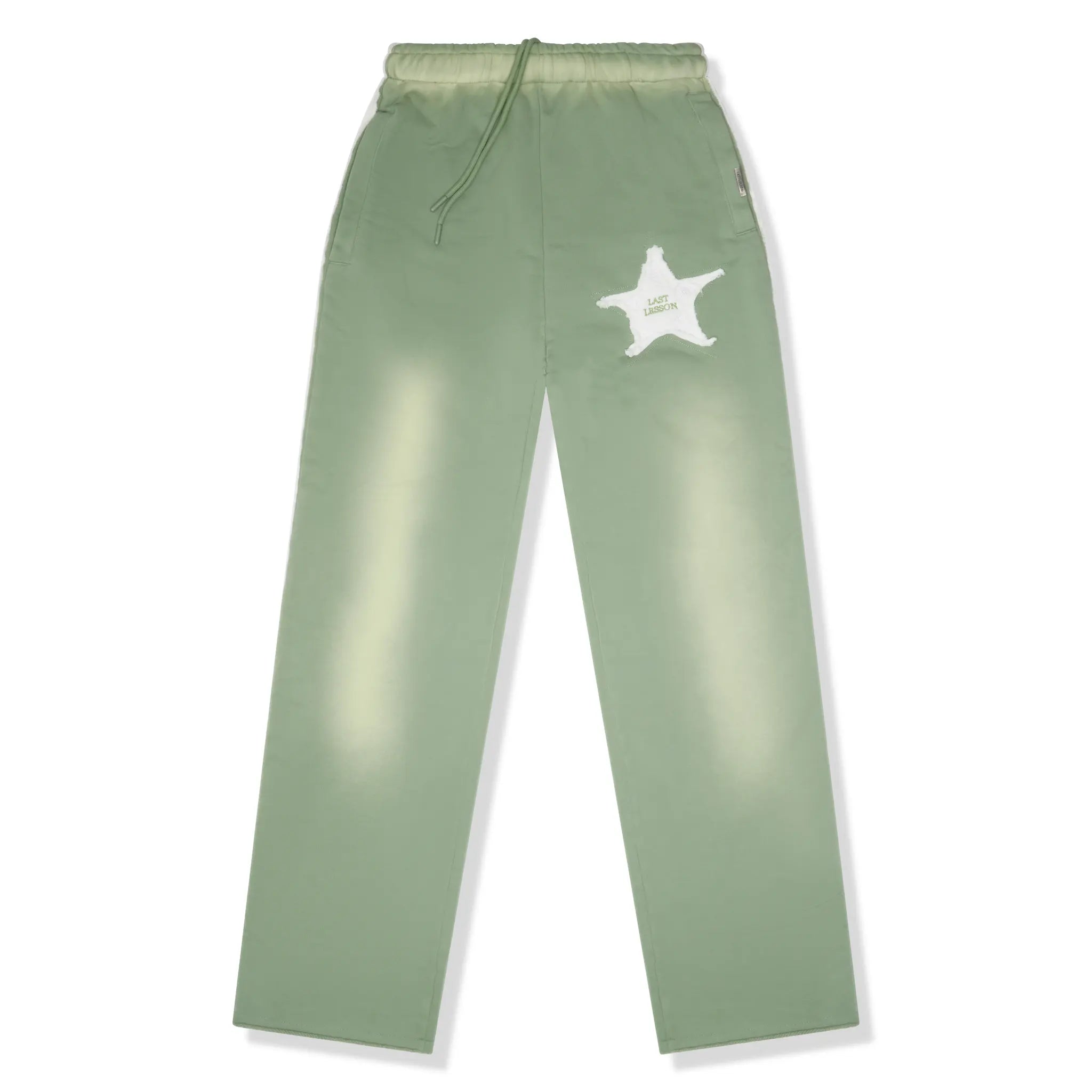Front View of Last Lesson Washed Applique Green Joggers